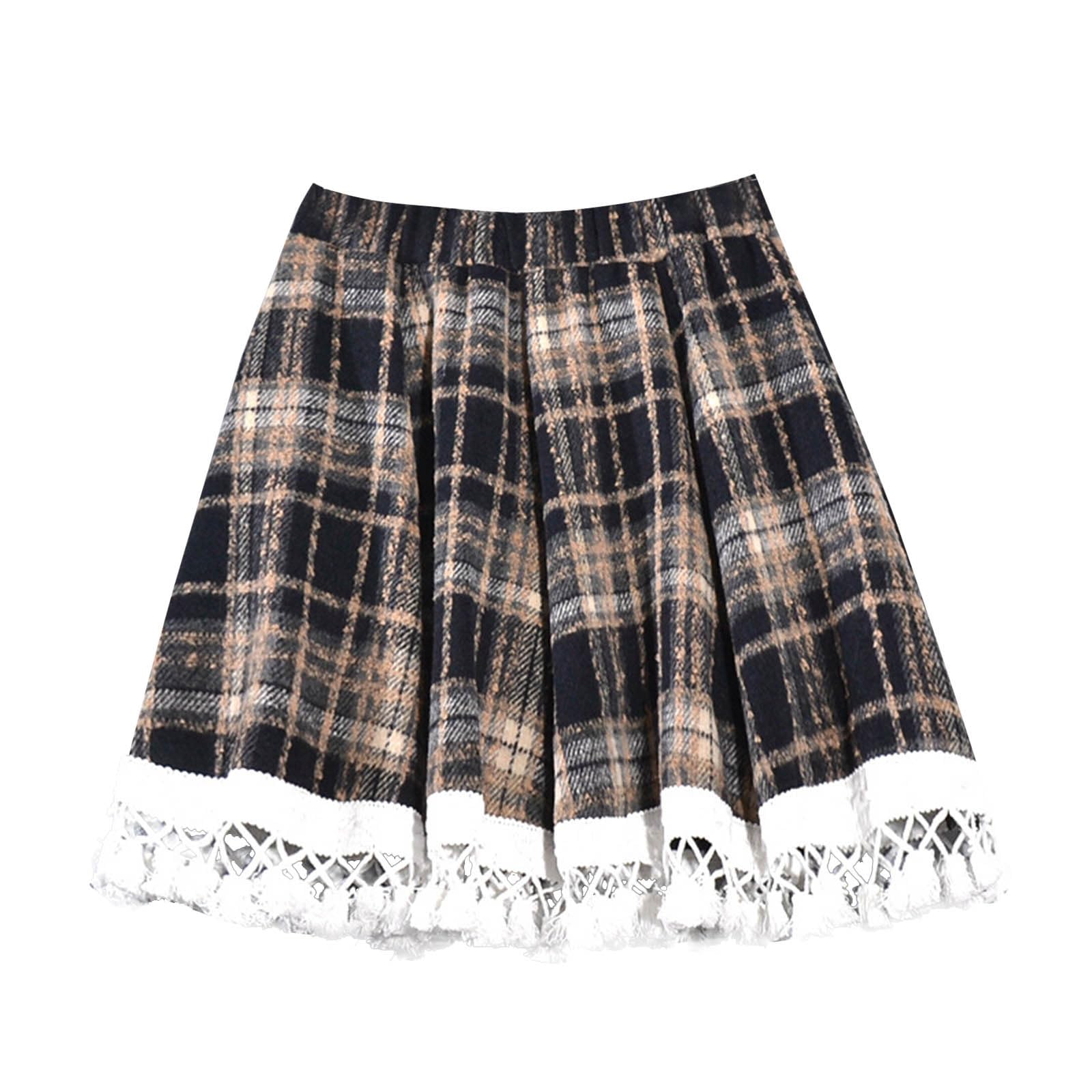 Women's Pleated Skirts with Shorts Woolen Plaid Fall Winter Elastic High Waist Uniform Tennis Casual Mini Skirt Navy