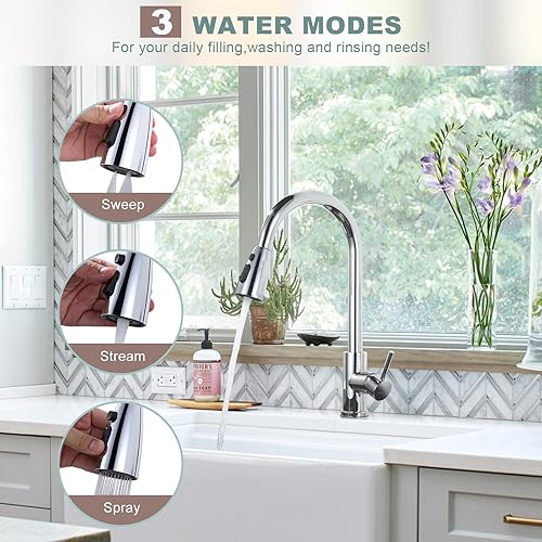 Miniatura 2 de WOWOW - Grifo de cocina cromado con rociador, grifo de fregadero de cocina extraíble de acero inoxidable con placa de cubierta, grifo de cocina para