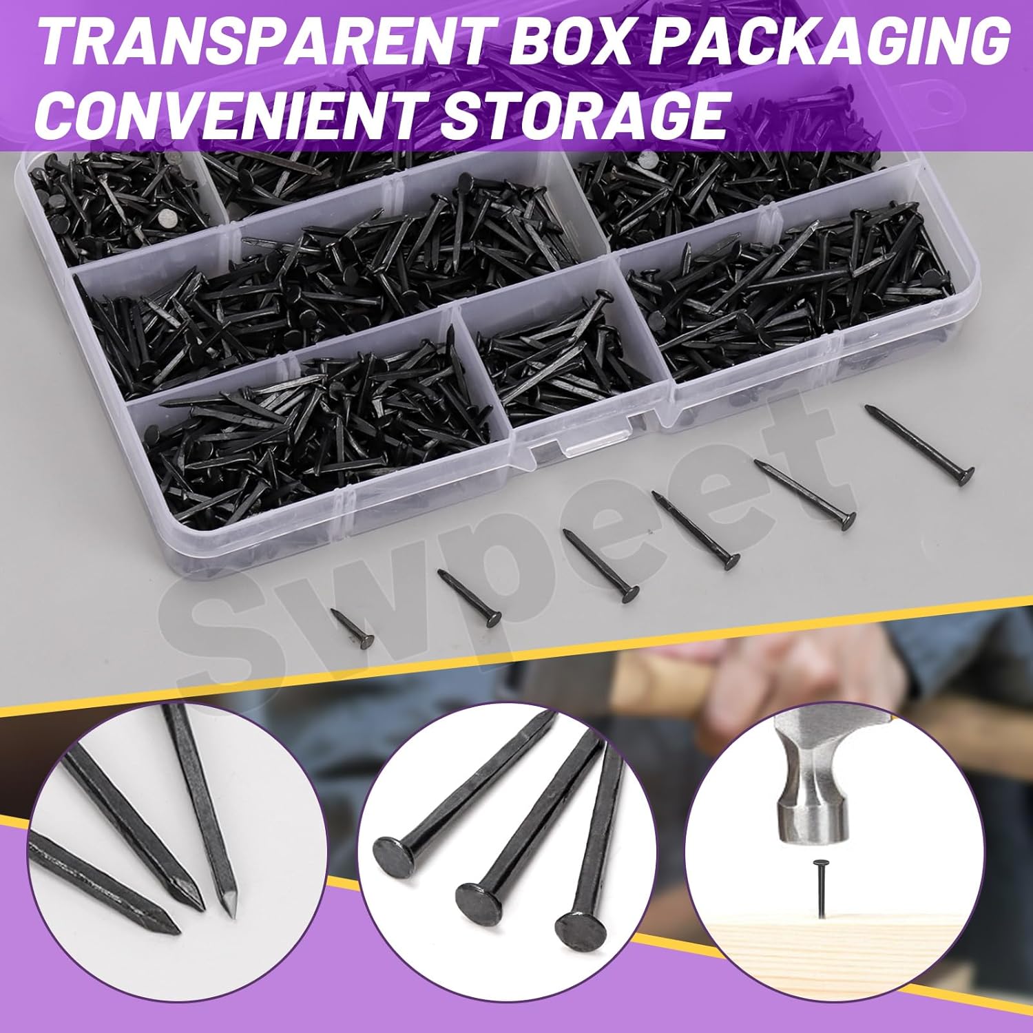 Swpeet 1200Pcs 6 Sizes 10mm/13mm/16mm/19mm/22mm/25mm Metal Nails Tacks Assortment Kit, Non-Slip Shoe Tacks Metal Hardware Nails Studs for Shoes Boots Leather Heels Soles Repairs Replacement