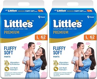 Little's Premium Baby Diapers L Size (Large) Pants Style | 9-14 kg | 62 Count | Super Jumbo FluffySoft Baby Diaper with Le... Price In India
