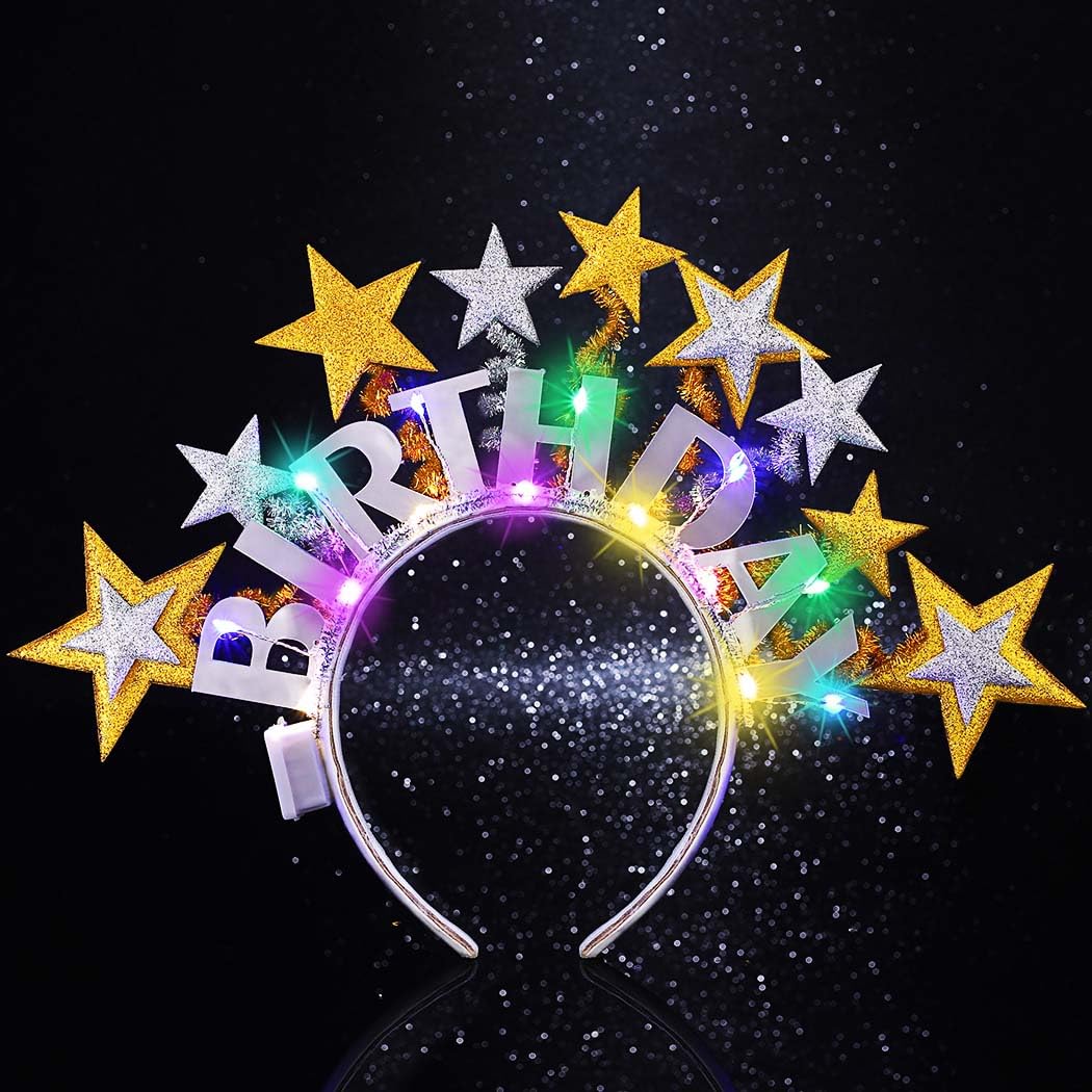 SixexeyHappy Birthday Headband Silver Star Hair Band for Birthday Celebration Party Favors Hair Accessories for Women