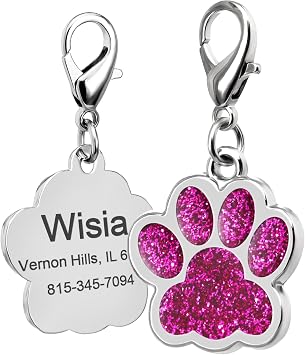 Glittery Paw Print Pet ID Tags Engraved Personalized Dog Tags Cat Tags, Customized with 4 Lines of Personalized Text, Solid Stainless Steel with 6 ColorsPink,Red,Blue,Rosy,Gold,SilverRosy