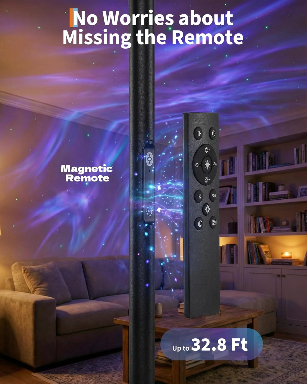 Garvee 3-in-1 Floor Lamp, Cycle Color Transition Ambient LED, Ripple Water Light and Star Projector w/ 350° Rotating Design, Magnetic Remote Control, Timer for Bedroom Living Room