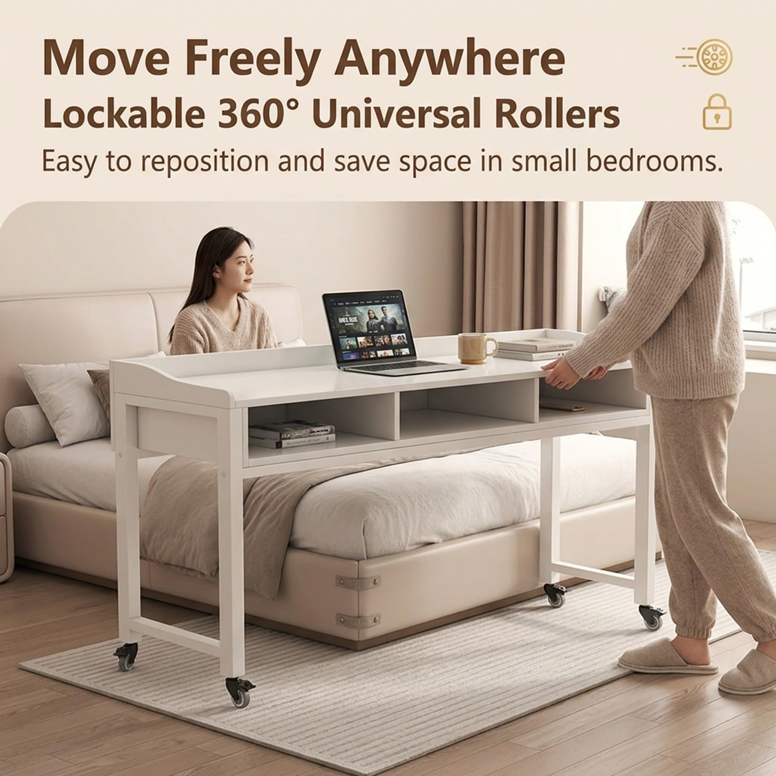 Mesa Cama para computadora portátil con Ruedas, Mesa Cama Trabajo sobre la Cama para Hospital, Escritorio Cama móvil para el hogar con deflectores.(Wit,120cm)