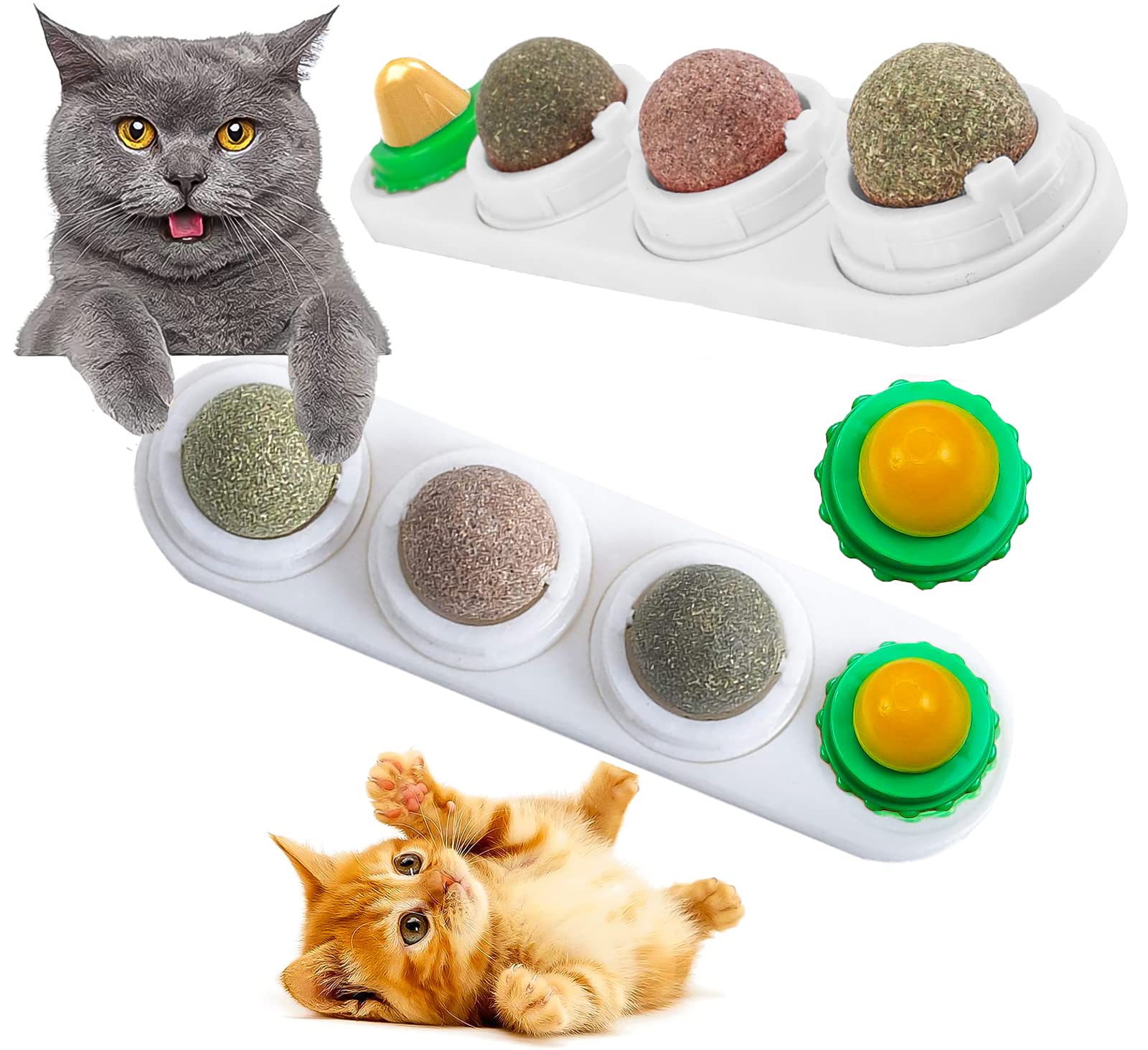 4 in 1 Catnip Toy for Cats , Silvervine Wall Balls, Edible Kitty Toys for Cats Lick, Teeth Cleaning, Cats Sugar Ball Wall Toy, Rotatable Catnip Edible Licking Balls for Indoor Kitty