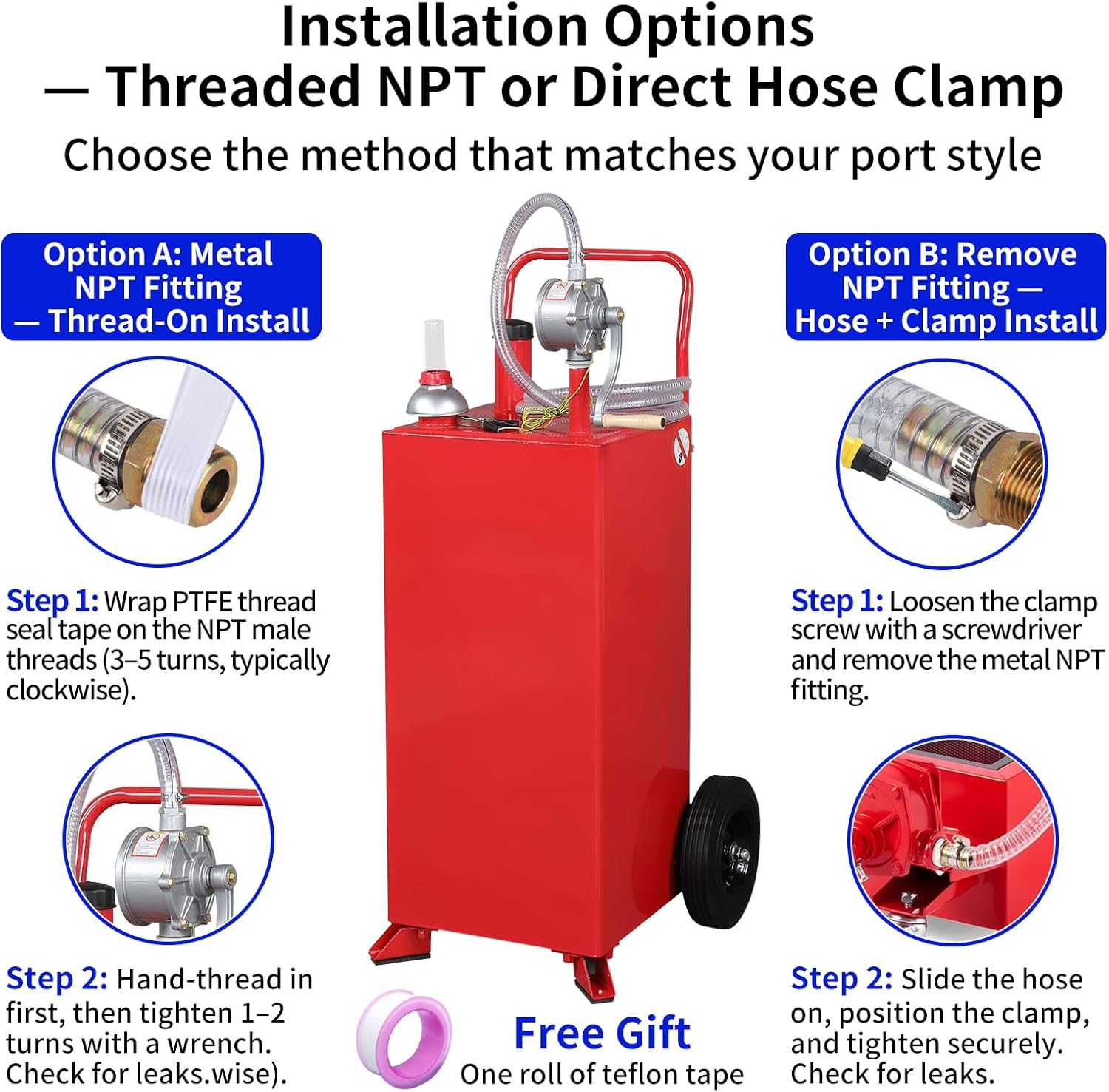 80-593-NI Replacement Dispensing Hose – 8FT PVC Steel-Wire Reinforced Fuel Line, 3/4" NPT Threaded Fitting with Clamp – Compatible with Gas Caddy, Fuel Caddy, Fuel Caddy with Pump, Fuel Transfer Tank"