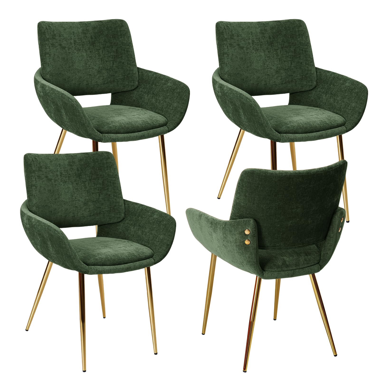 ELUCHANG Chaise Salle a Manger Lot de 4 avec accoudoirs, Vert Chenille, Pieds en métal doré, Idéal pour Salle à Manger Cuisine Dressing Coiffeuse, Jusqu’à 150 kg