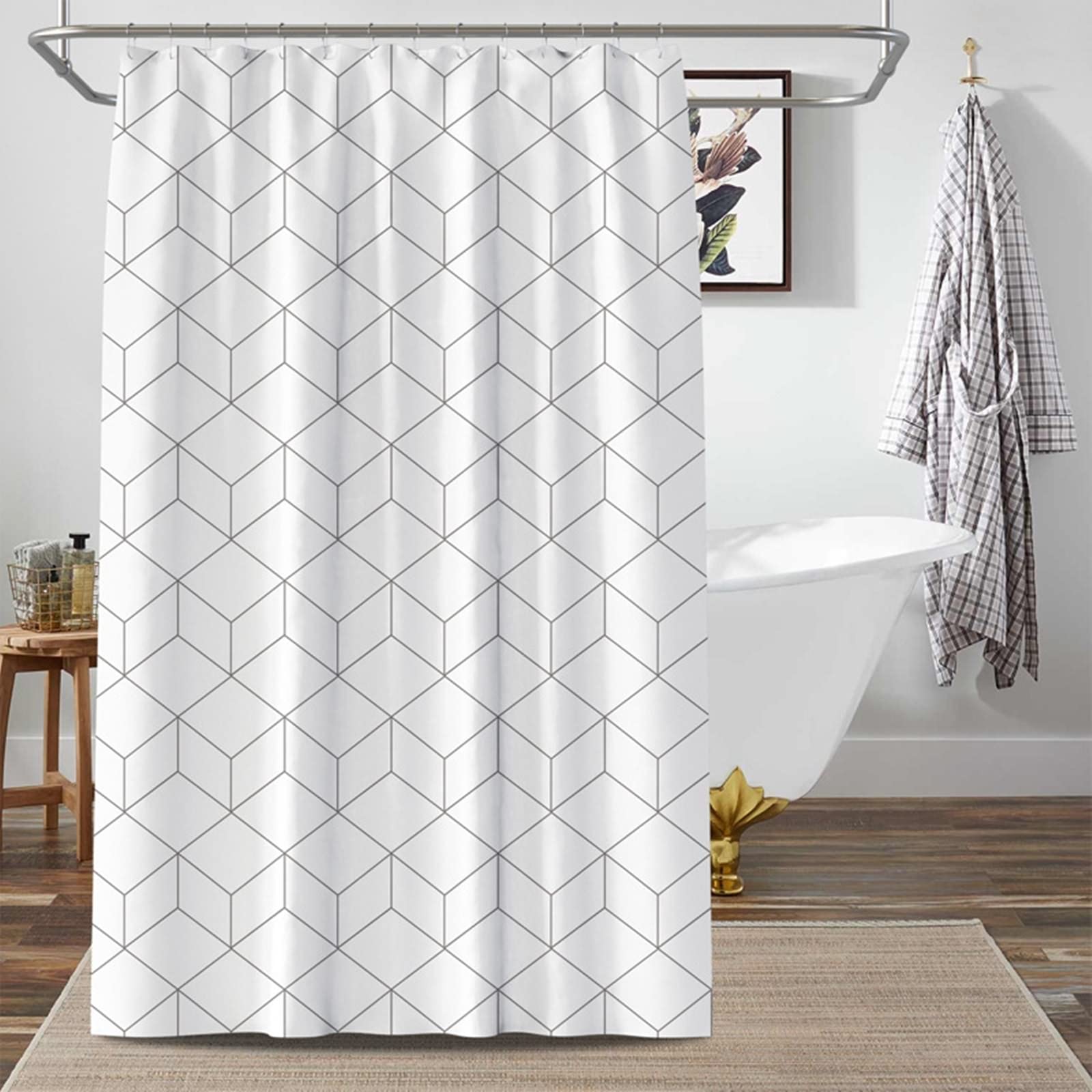 Tenda Doccia 180 x 180, Poliestere Bianco Modello a quadri cubico Tenda vasca da bagno, lavabile, asciugatrice rapida