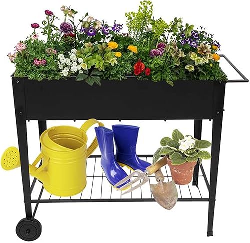 Raised Garden Bed OutdoorIndoor Herb Garden Above Ground Raised Planter Boxes with Legs, 2 Wheels and Lower Shelf, Metal Elevated Garden Bed for