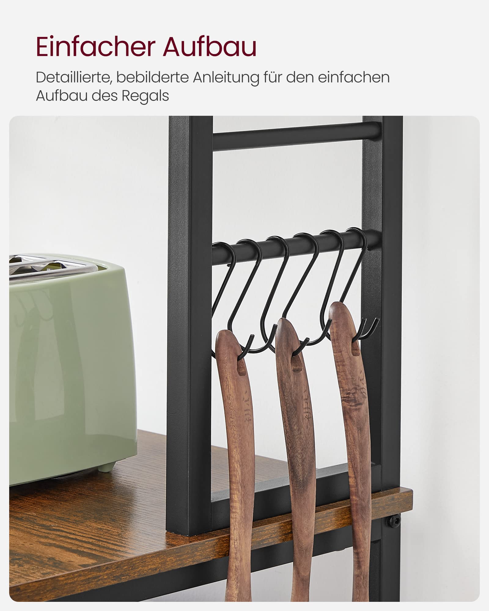 VASAGLE Küchenregal, Standregal, Mikrowellen-Regal, stehend, 6 Ablagen, 6 Haken, Stahlrahmen, Industrie-Design, 40 x 60 x 167 cm, vintagebraun-tintenschwarz KKS024B01