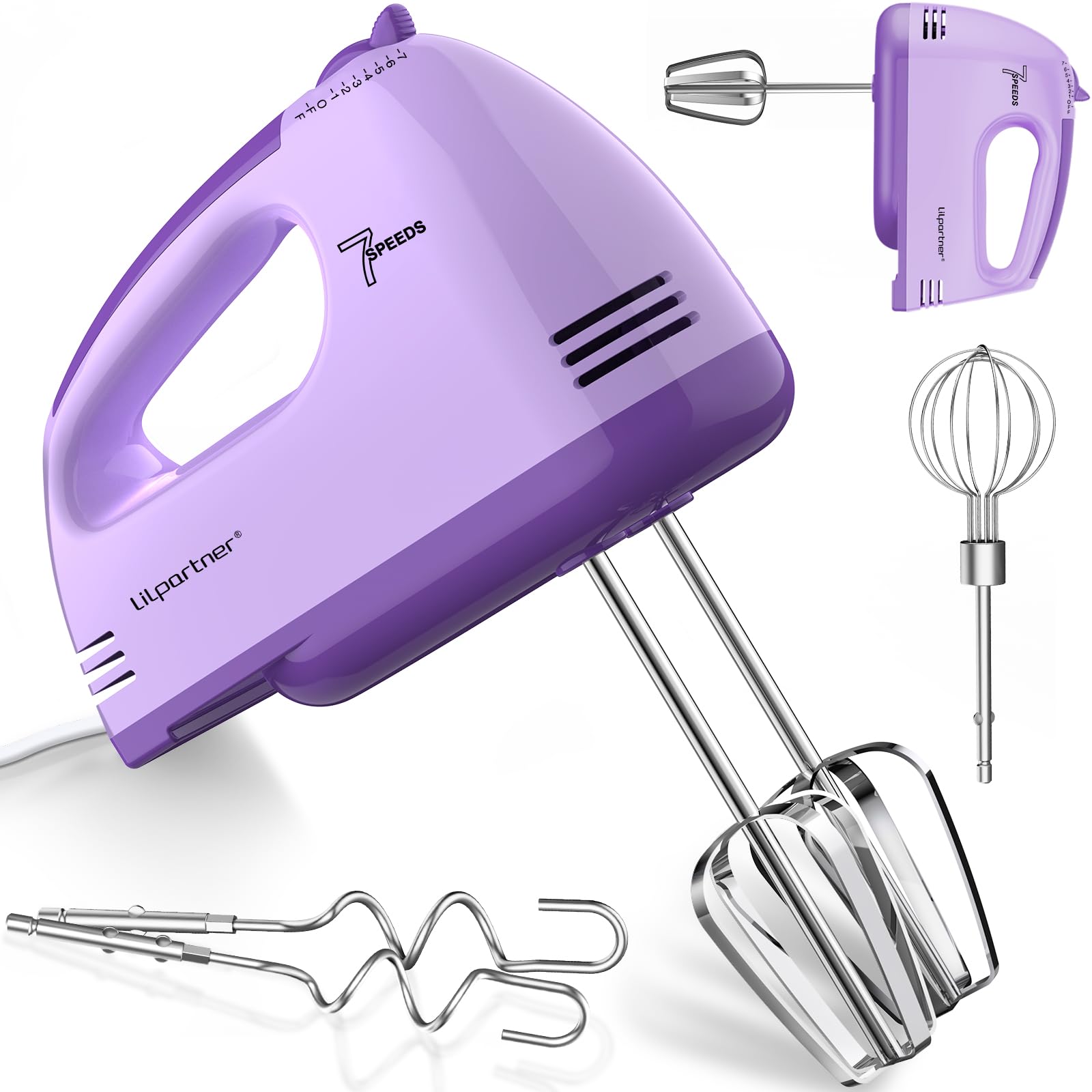 LILPARTNER Hand Mixer Electric, Ultra Power Kitchen Hand Mixer With 7-Speed &amp; 5 Stainless Steel Accessories for Whipping Dough, Cream, Cake, Dishwasher Safe, Light Purple