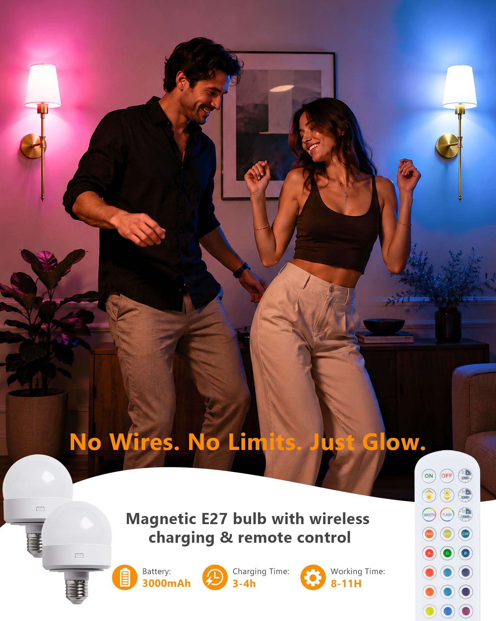 Wandleuchte Innen Akku LED Wandleuchte kabellos oder fest verdrahtbar, RGB Wandlampe mit Fernbedienung, 57 cm Höhe, Wandlichte Innen für Wohnzimmer, Schlafzimmer, Kinderzimmer, Gold VEYA WL04