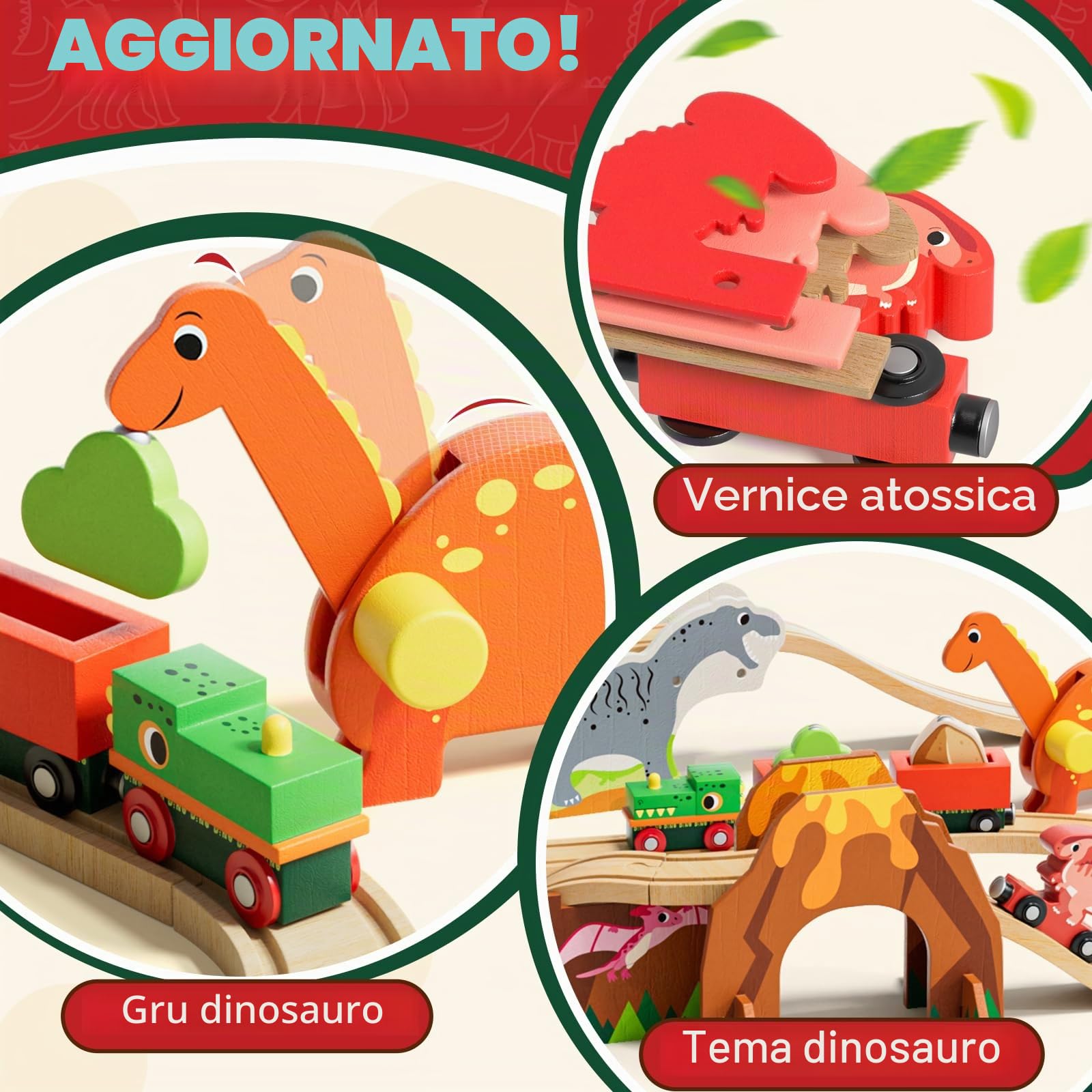 Lehoo Castle Treno in legno, dinosauro giocattolo per bambini 3+ anni | Treno Dino con 2 carri, tunnel vulcano, gru magnetica, compatibile con binari in legno, regalo per ragazze e ragazzi