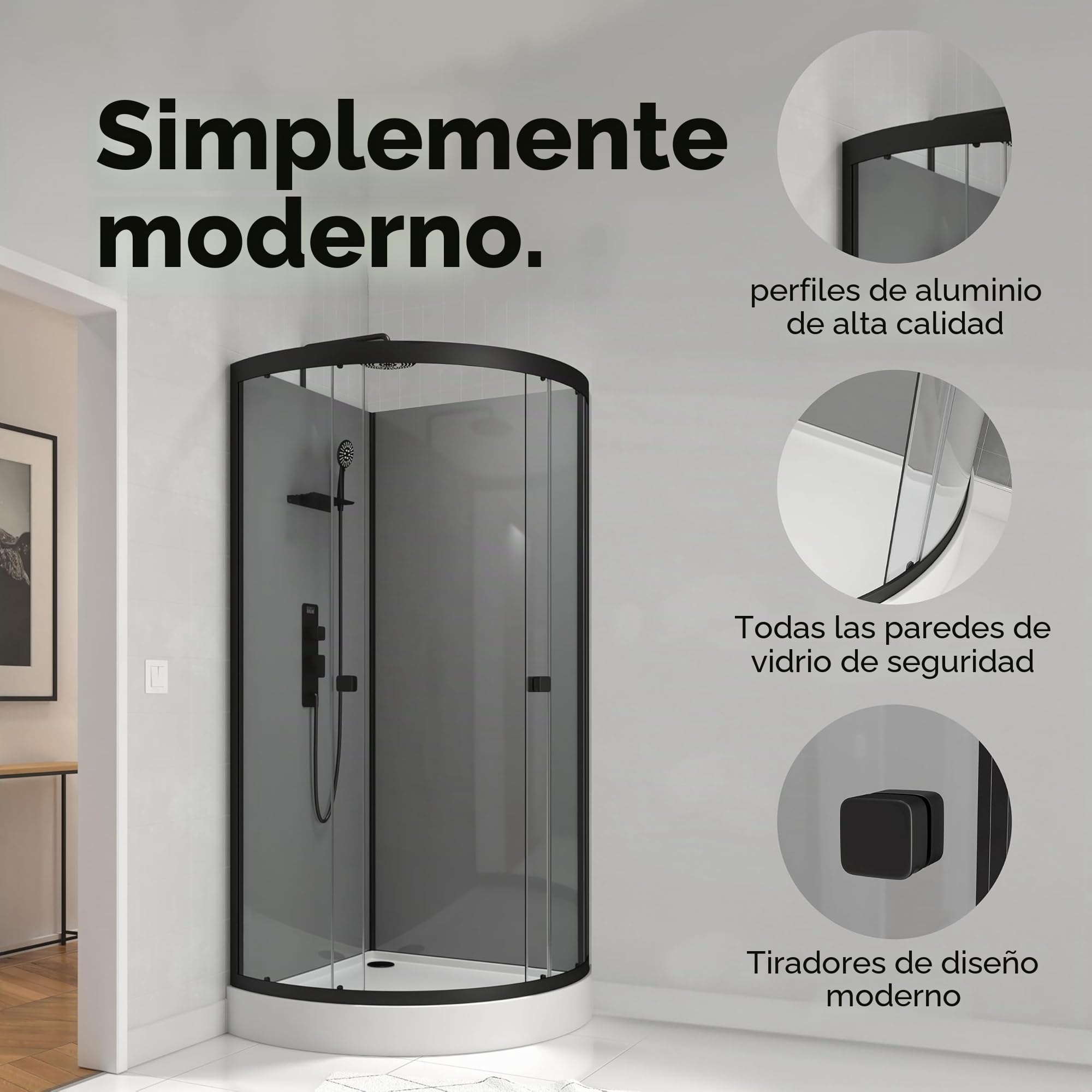 Marwell ducha completa gris estilo redondo 215 x 90 x 90 cm – cristal templado 5 mm – aluminio – estante – efecto lluvia