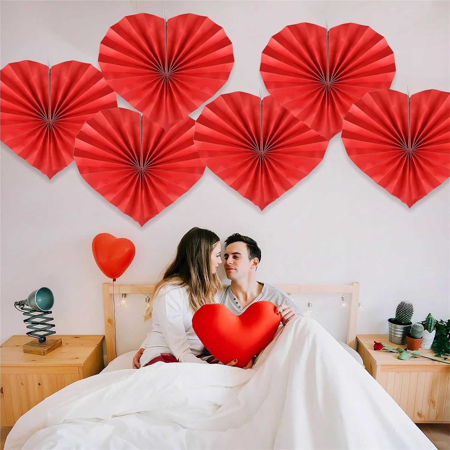 25/60Pcs Red Heart 12.6inch Paper Fan Flower Wedding Photo Prop Background for Happy Valentine's Day Anniversary Party Decoration(60pcs)