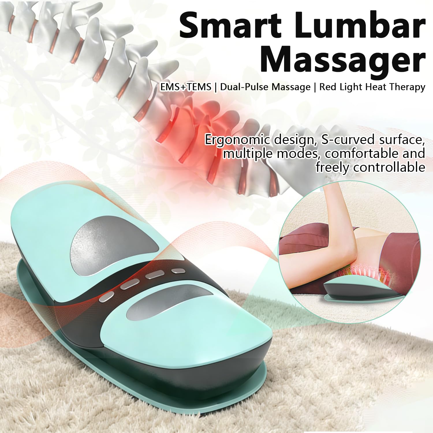 Massaggiatore per la Schiena 4 in 1, Apparecchio per Massaggio Lombare Senza Fili con Elettroterapia EMS, Impacchi Caldi, Vibrazione e Trazione con Airbag, Regolazione a 3 Livelli per uso Domestico