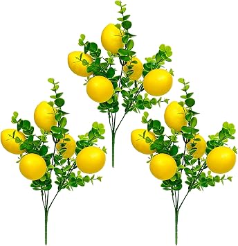 3 قطع أغصان ليمون صناعية، أغصان فواكه صناعية، ديكورات ليمون مزيفة للمنزل، أغصان ليمون صناعية صفراء، ديكورات حديقة للحفلات المنزلية، أوراق صغيرة