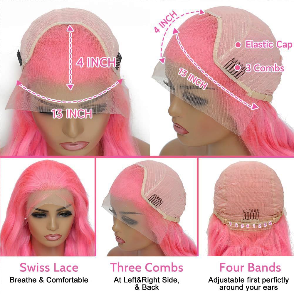 32 Inch Pink Wig Human Hair 200 Density 13x4 Body Wave Lace Front Wigs Human Hair Pre Plucked Pink Color Human Hair Lace Front Wigs 13x4 HD Lace Frontal Wigs for Women