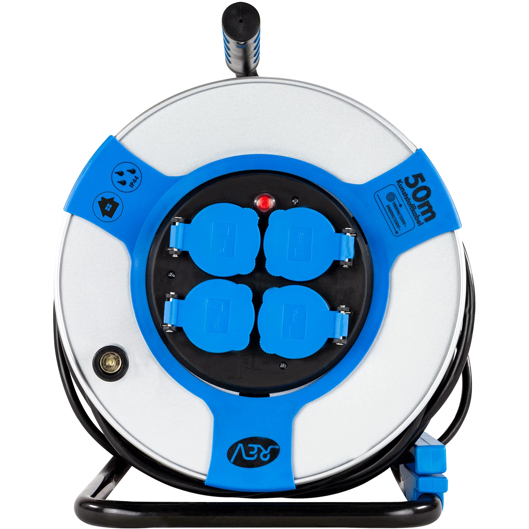 REV Enrouleur de câble EX, 50 m, H05VV, IP44, 3000 W, avec Contact abrasif, extérieur, 4 Prises de Contact de Protection, Bleu