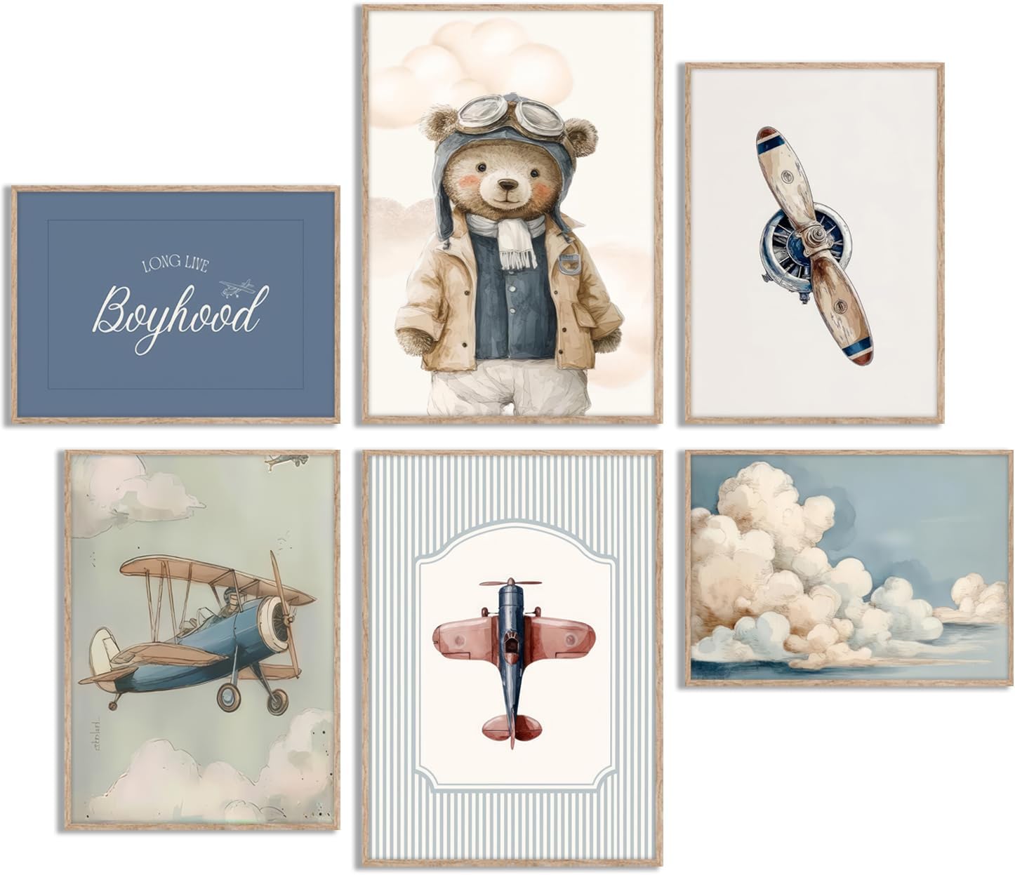 6Pcs Vintage Teddy Bear Nursery Canvas Wall Art Funny Navy Blue Bear Posters Print Artwork Airplane Aviation Painting Pictures Wall Decor for Playroom Kids Room Home Decoration 12x16in Unframed