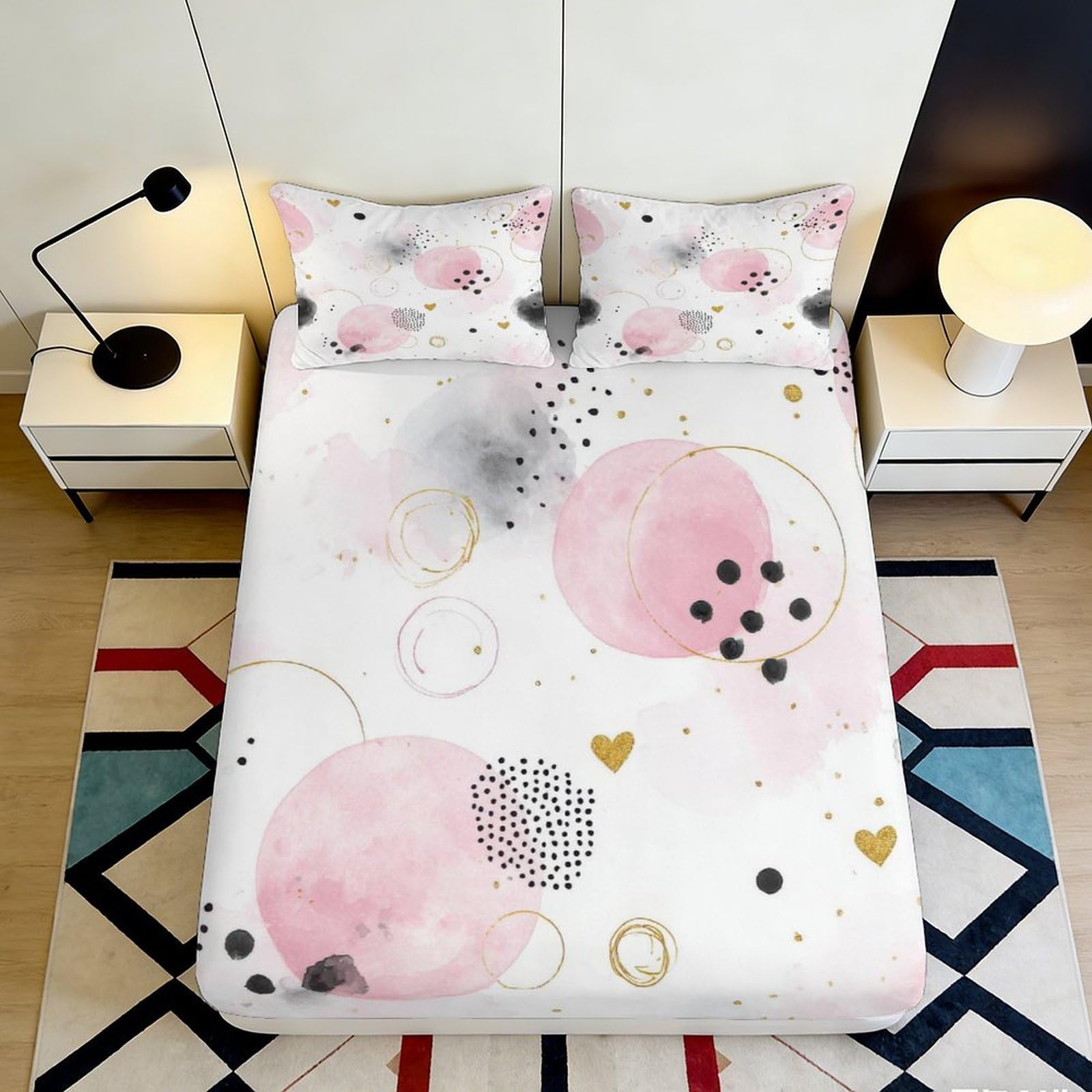 3D Printed Pink Watercolor Circles Fitted Sheet Microfiber Gold Heart Dots Mattress Cover Bedroom Dorm Decor 140x200x25cm