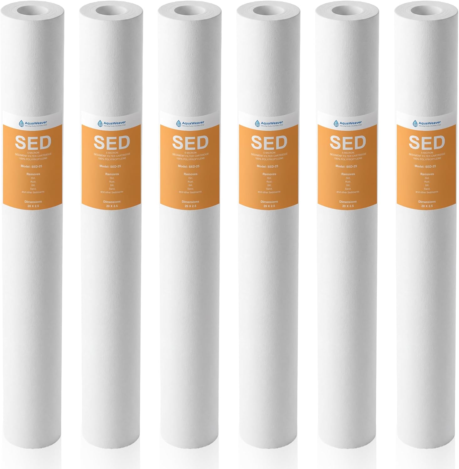 5 Micron 20" x 2.5" Whole House PP Sediment Water Filter Replacement Cartridge Compatible with All Standard 20-Inch RO Units & Well Water Filters, 6Pack