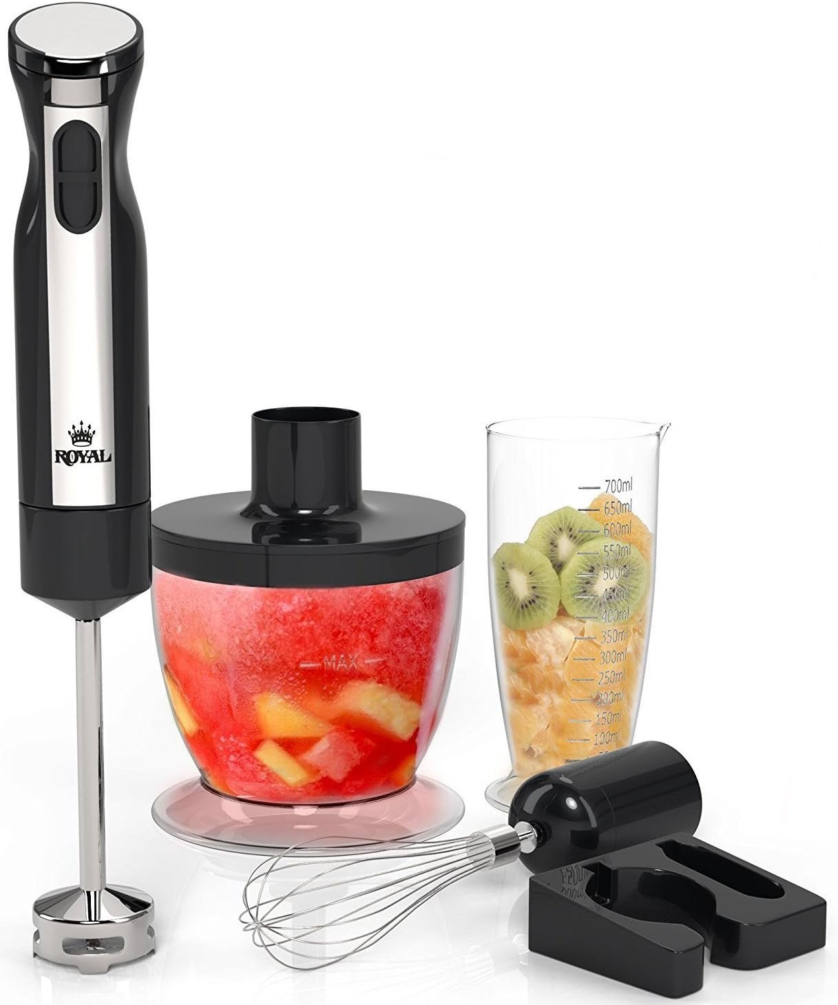 Royal 5-Piece Hand Blender Set [200 Watts] - 2 Speed Food Processor/Chopper, Hand Mixer, and Smoothie Immersion Blender, Whisk and Wall Attachment