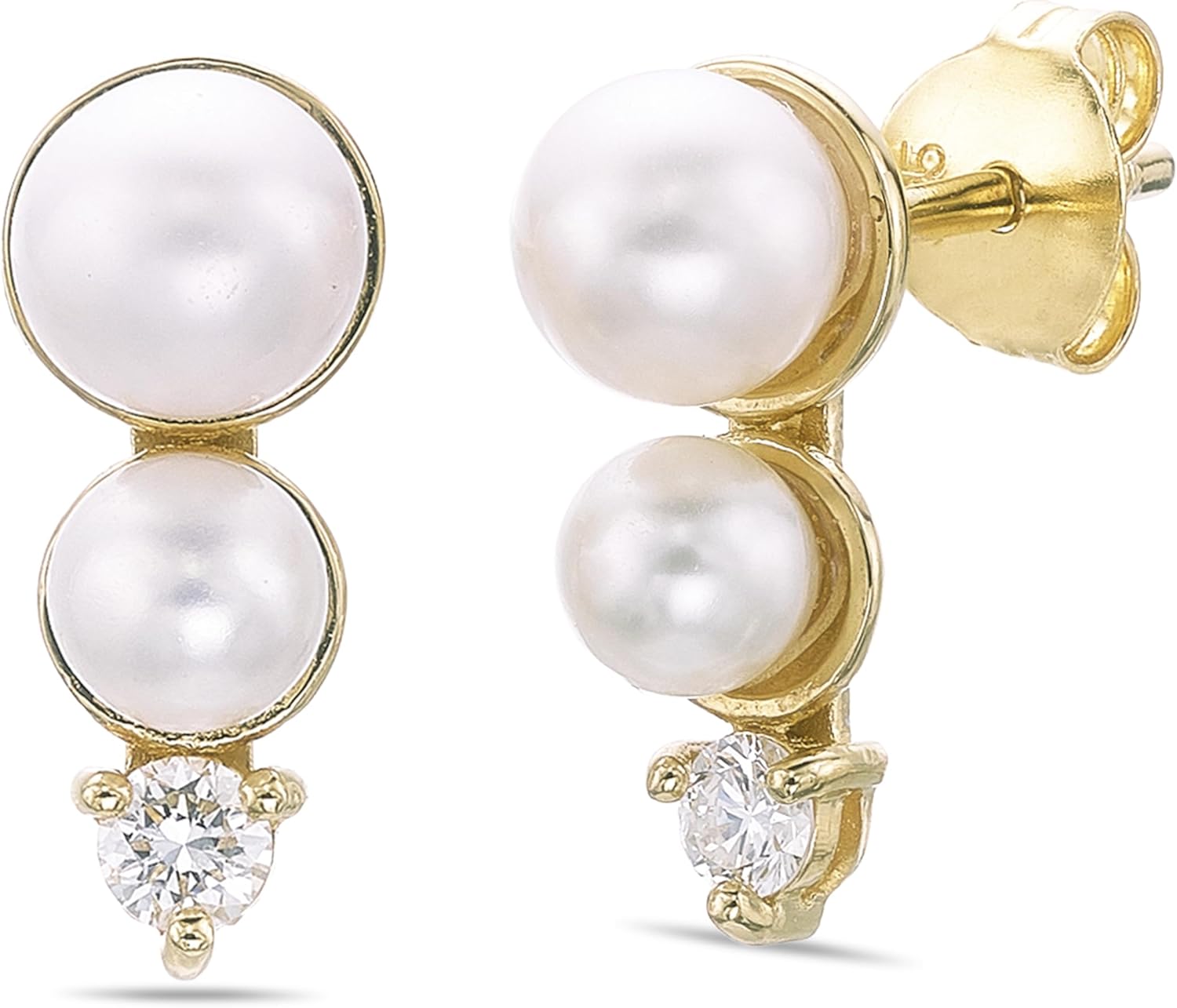 Lavari Jewelers 1/8 Carat Lab Grown Diamond and Freshwater Pearl Drop Earrings for Women - 18k Yellow Gold Plated 925 Sterling Silver Pearl Stud Earrings for Her - Hypoallergenic Push Back Studs