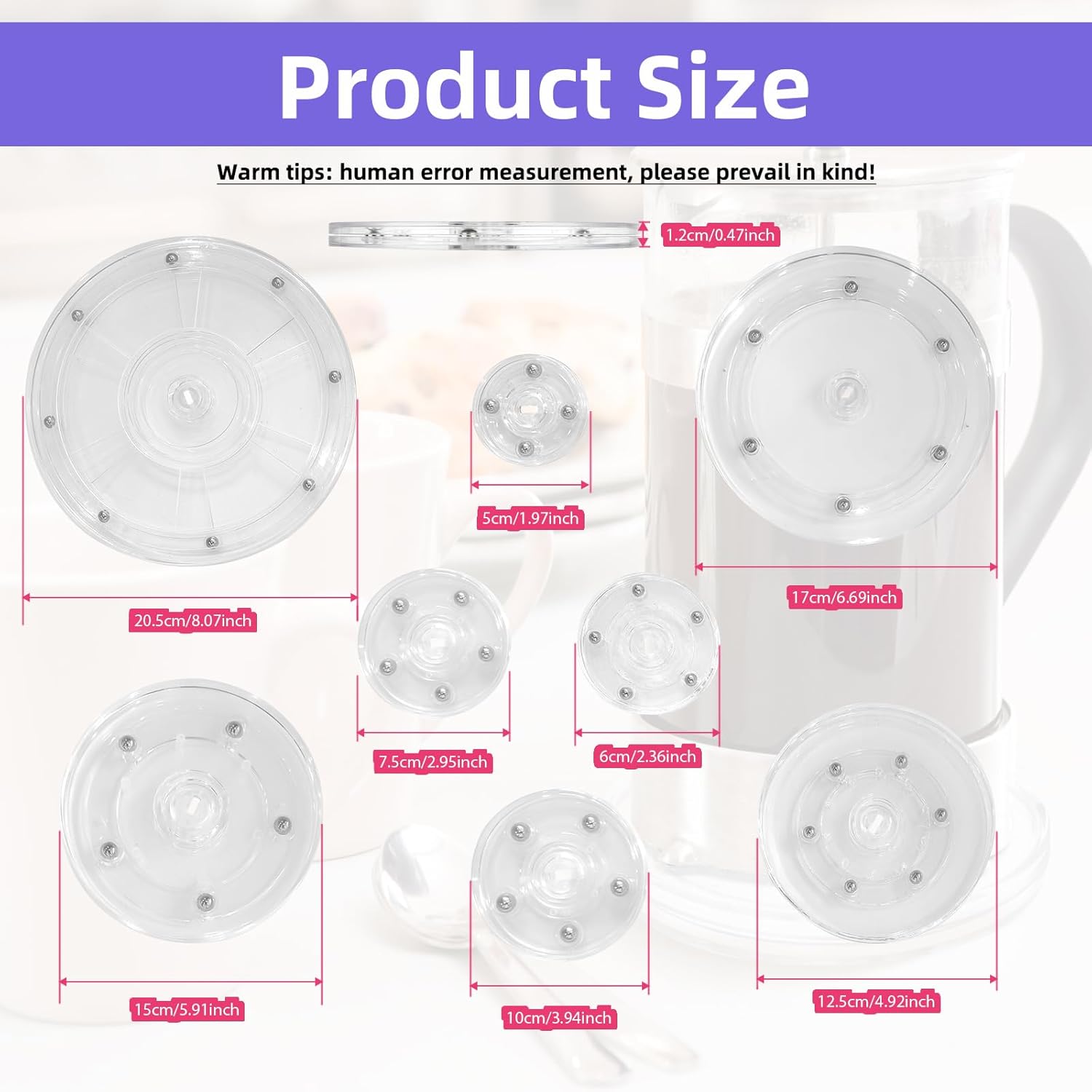 Condition photo showing New/Like New for 8-Piece Set (2" to 8") Small Lazy Susan Turntable-360° Rotating, Durable & Space-Saving | Multi-Size for Spices, Makeup, Crafts, Office | Non-Slip Base for Smooth Spinning