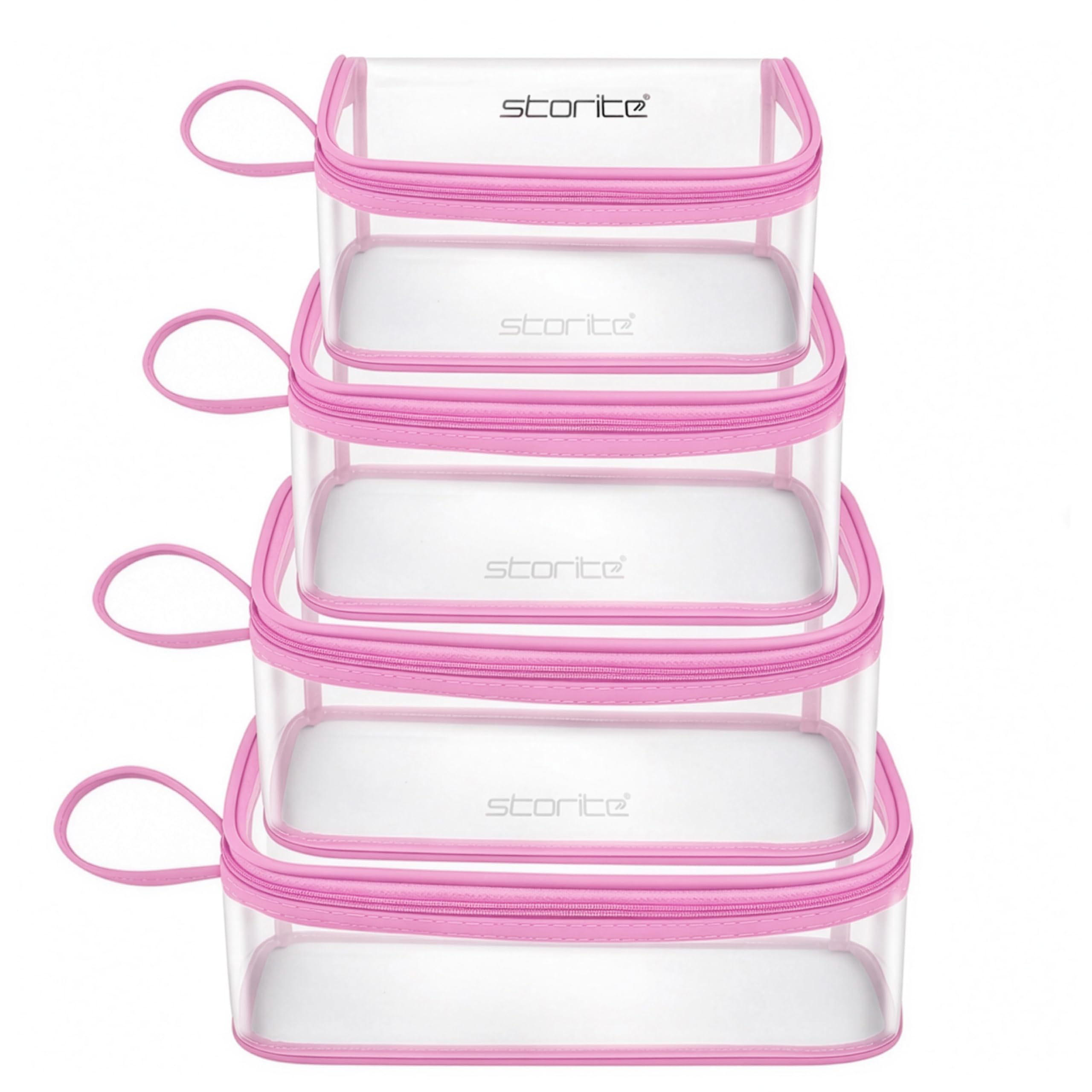 Storite Set of 4 PVC Travel Pouch Multipurpose Waterproof Cosmetic & Toiletry Bags with Zipper for Makeup, Stationery & Accessories - Transparent Pink