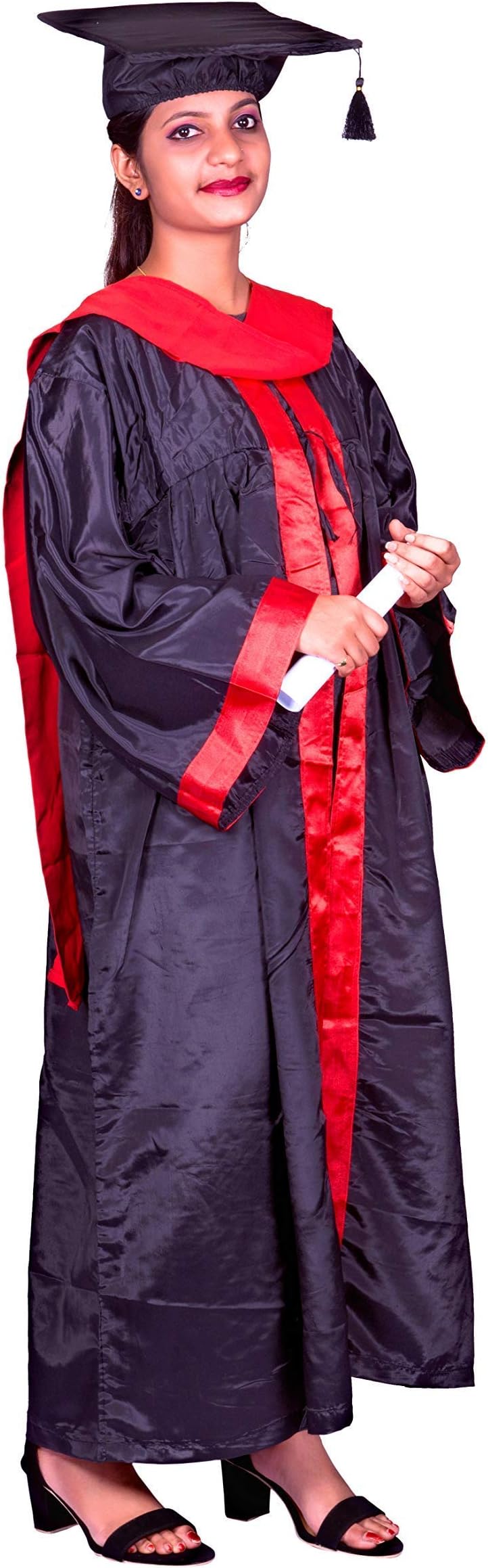 Polyester Blend Women Casual Style Graduation Gown Black With Hat And Red Border For Adults Free Size (Unisex)
