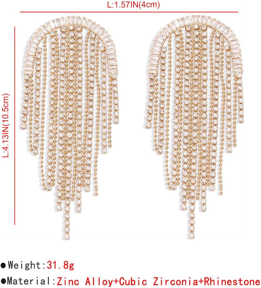 Wekicici Rhinestone Tassel Earrings Boho Big Sparkly Rhinestone Fringe Chandelier Dangle Earrings Crystal Long Chain Drop Earrings Fashion Accessories for Women(gold) - Image 6