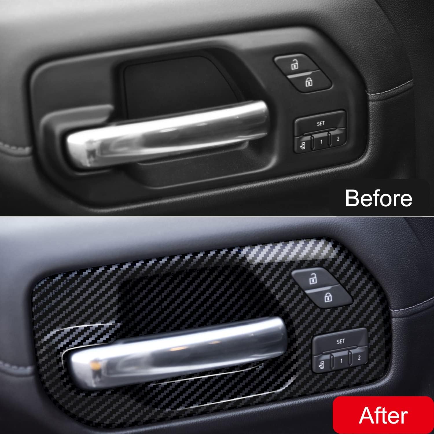 for Chevy Silverado 1500 2019-2022 Carbon Fiber Black Interior Side Door Handle Bowl Cover Trim 5pcs Car Accessories(Only fit for 4-Door Version)