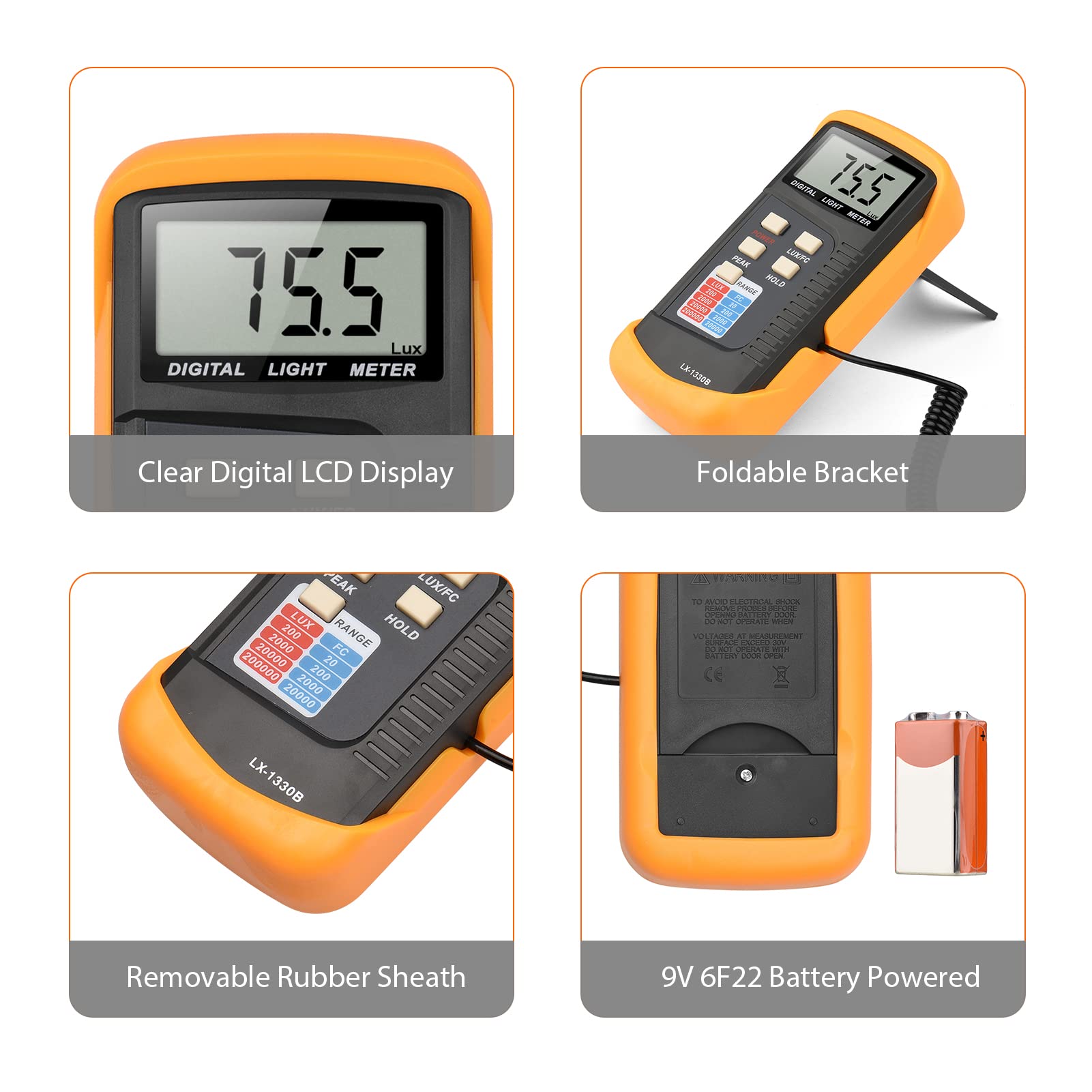 Medidor de luz digital de iluminación manual, rango de 200 a 200.000 lux, fotómetro LCD, portátil, luxímetro de mano con medidor de intensidad de luz de medición máxima para plantas de laboratorio