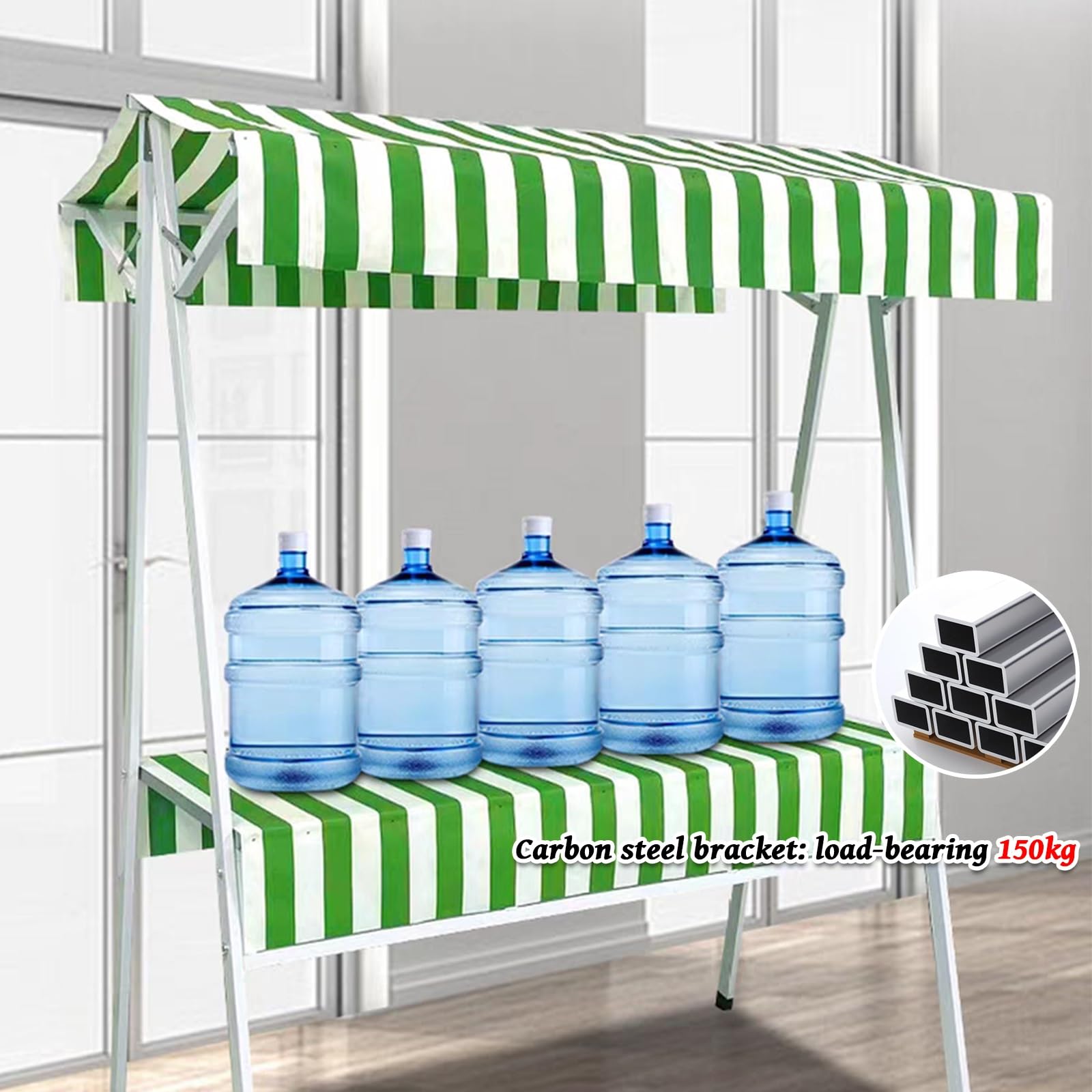 Bancarella per mercatino con tettoia, chiosco mobile con supporto per cibo da strada, acciaio al carbonio ispessito,carrello pieghevole,dotato di 4 ruote bloccabili(Red stripes,110x60x200cm)