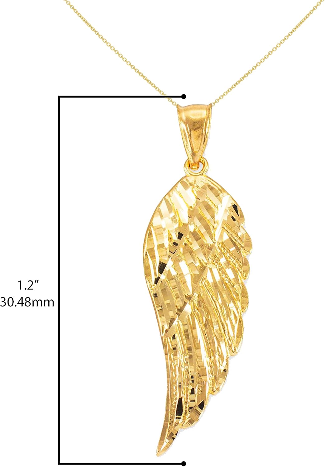 Religious Jewelry 10K Yellow Gold Dangling 1-1/5" Angel Wing Charm Pendant Necklace with Rolo Chain - Your Choice of Chain Lengths
