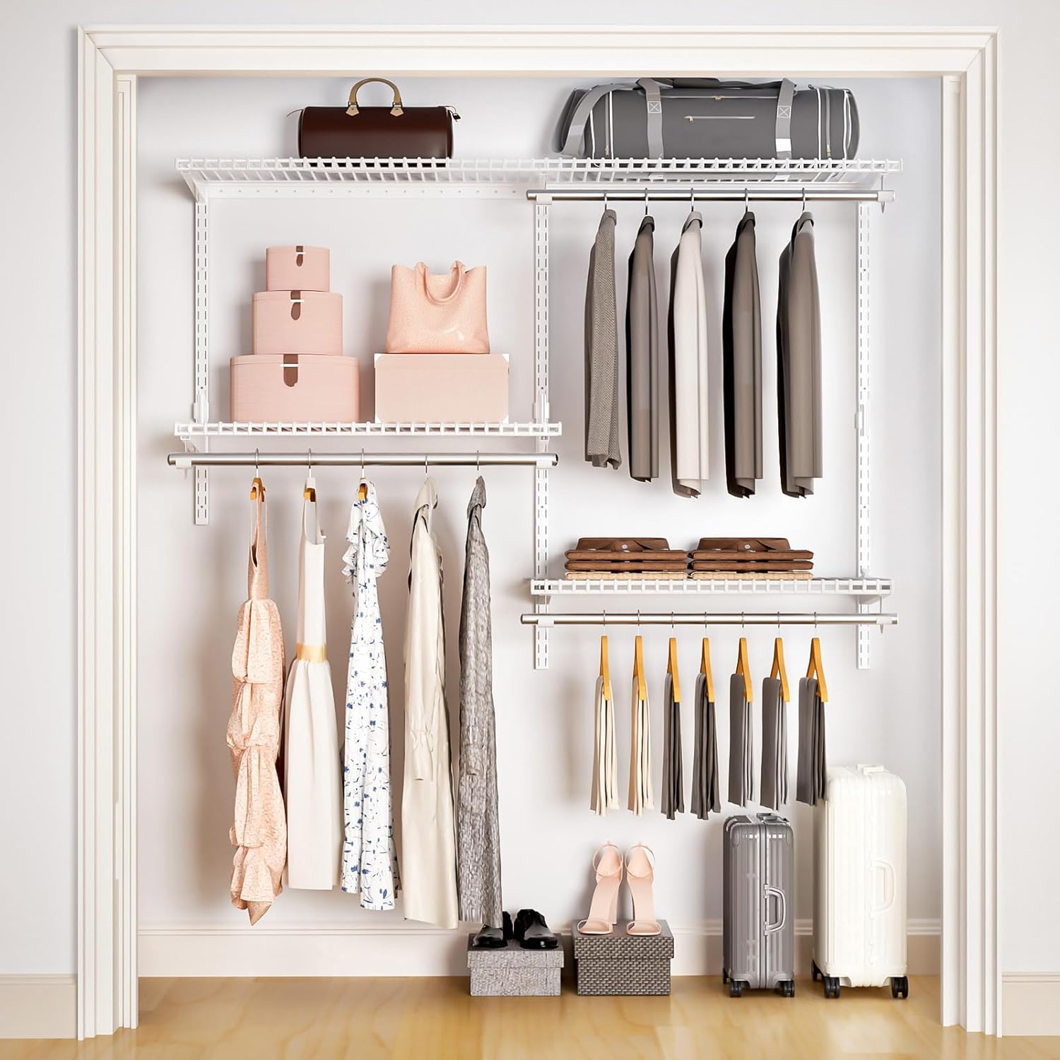 Wire Closet Organizer System, Wall Mounted 4.4 Ft. Custom Closet Kit for Bedrooms, Adjustable Storage Shelves for Clothes, Shoes, and Handbags