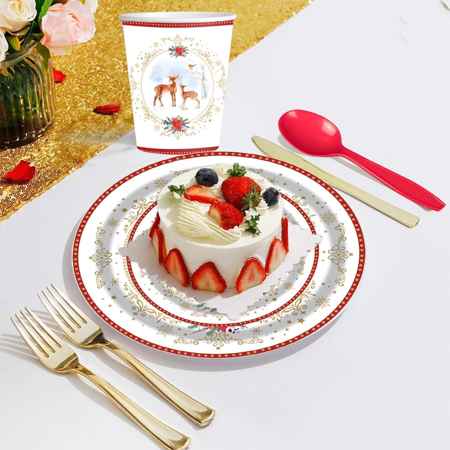 Christmas Poinsettia Flower Deer Disposable Plate - 25 Set Deer Christmas Holiday Woodland White Xmas Party Plates, Napkins Cups,Perfect for School Office Home