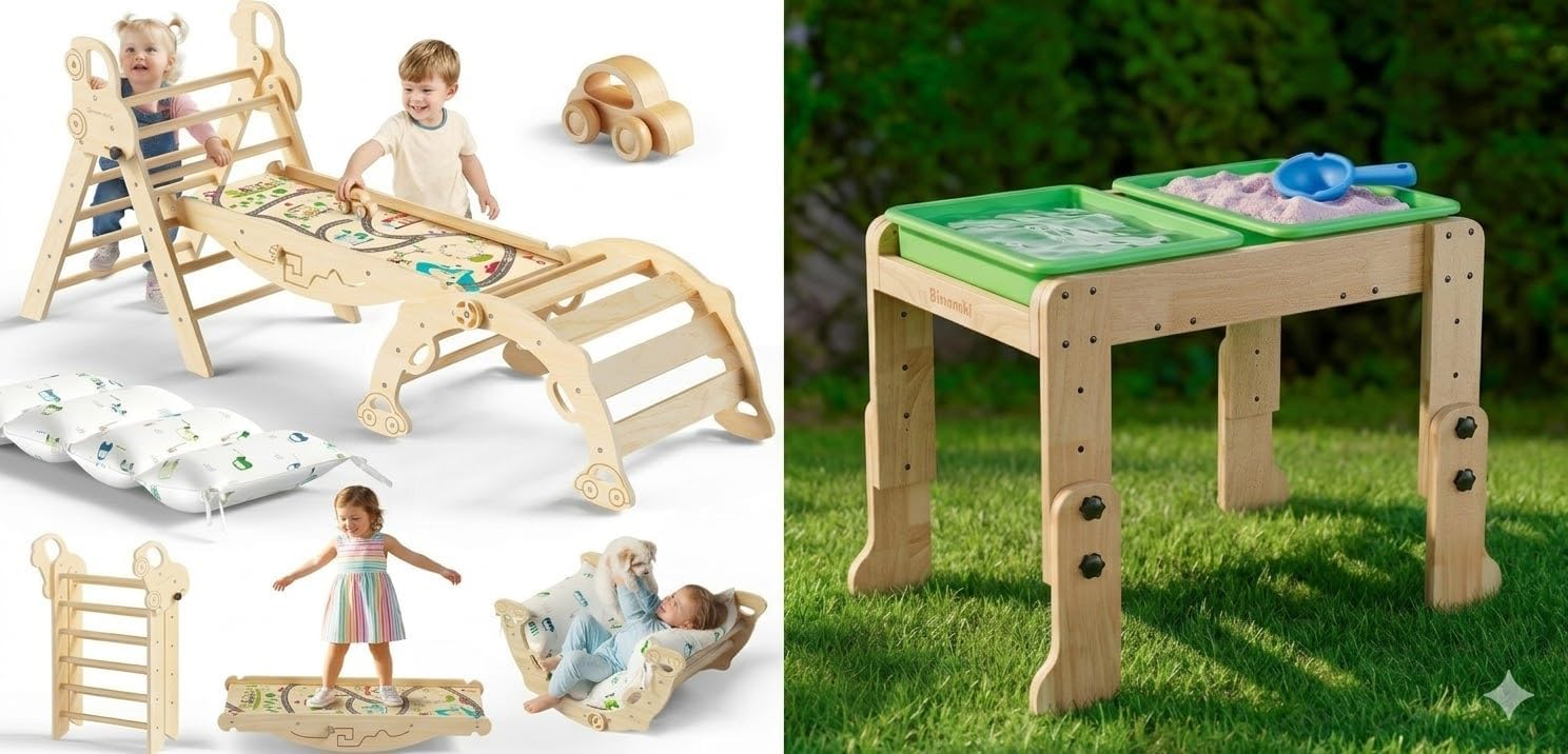 Pikler Triangle Climbing Set with Cushion, 3-in-1 Wooden Water Table for Toddlers 1-3