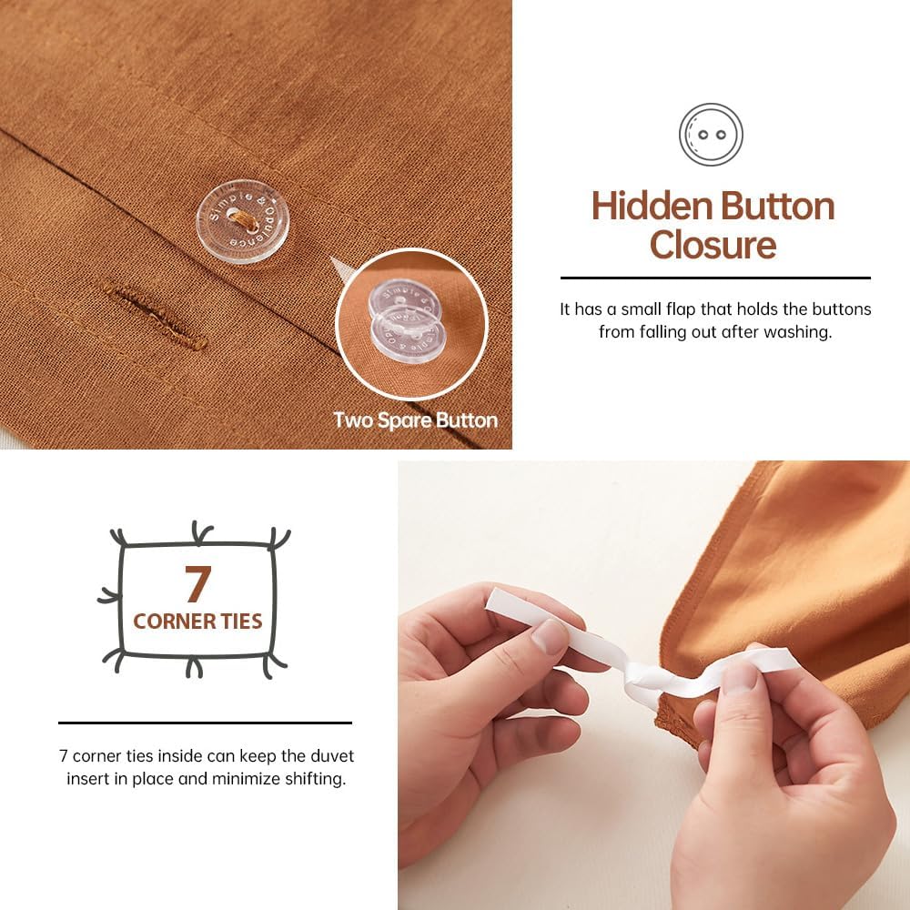 Simple&Opulence French Linen Duvet Cover Set 88" x 92"- 3 Pieces (1 Comforter Cover,2 Pillowcases)- Natural Flax Cotton Blend-Solid Color Breathable Farmhouse Bedding-Rust, Queen - Image 5