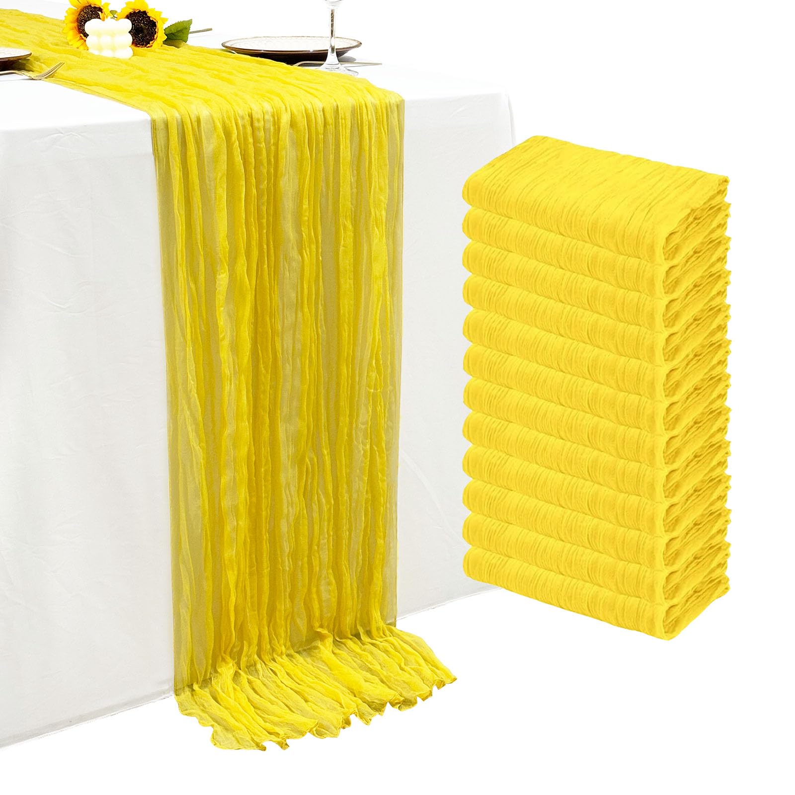 Photo 1 of 12Pack Yellow Table Runner 10Ft Cheesecloth Table Runner Boho Long Yellow Cheese Cloth Table Runners for Wedding Party Bridal Shower Thanksgiving Christmas