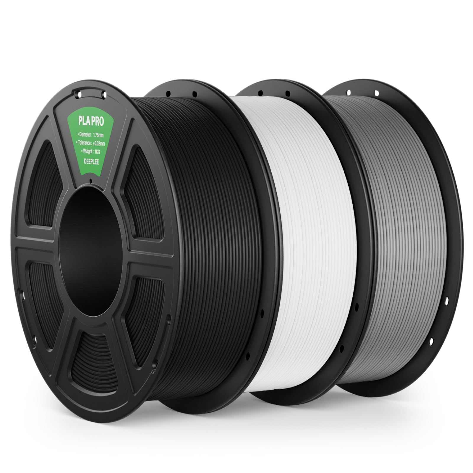 DEEPLEE PLA PRO Filament 1.75mm, Stronger Toughness 3D Printer Filament, PLA Filament Dimensional Accuracy +/- 0.02 mm, Neatly Wound, Fits Most FDM 3D Printer, 3 Pack Black &amp; White &amp; Grey