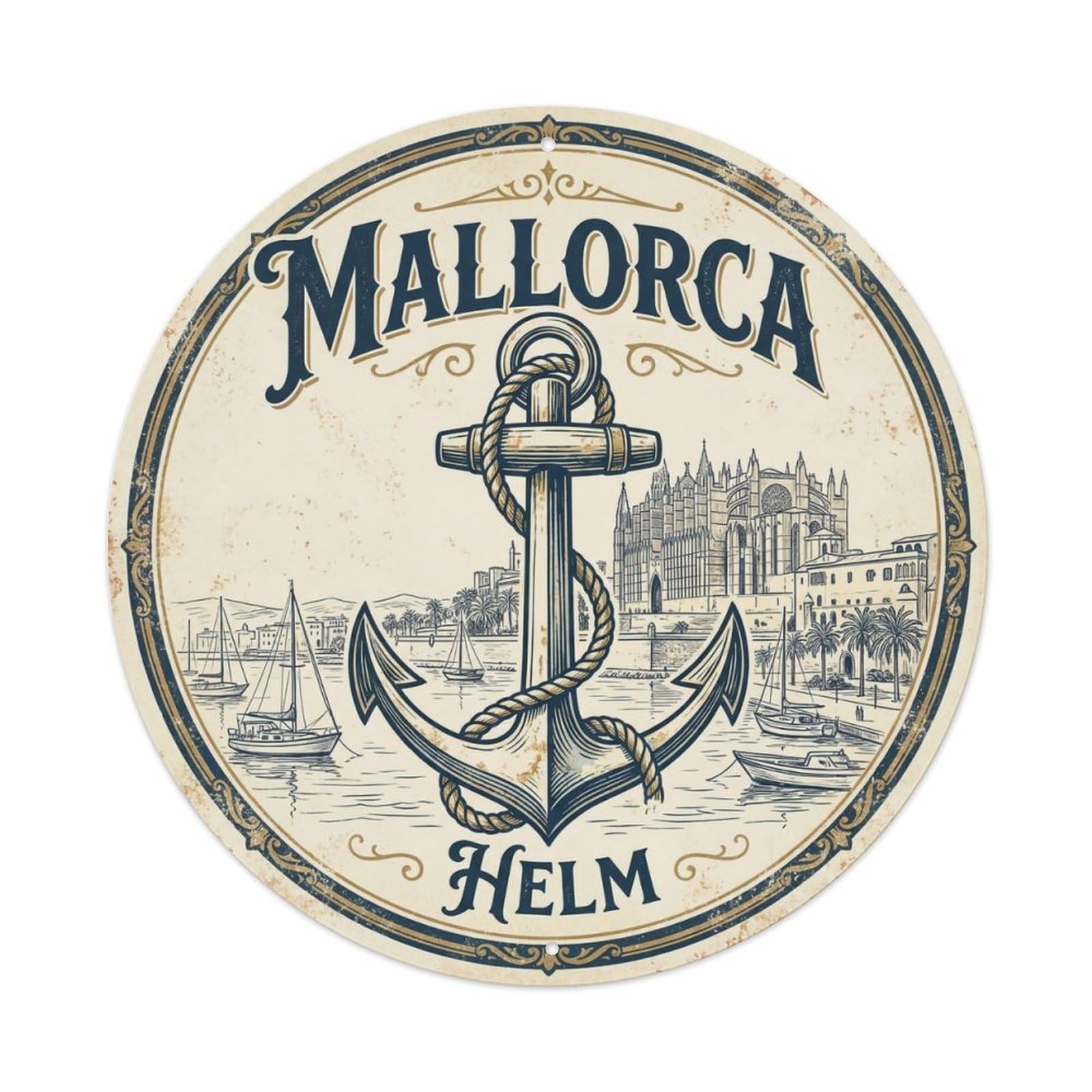 Vintage Travel Mallorca Spain Anchor Metal Tin Sign