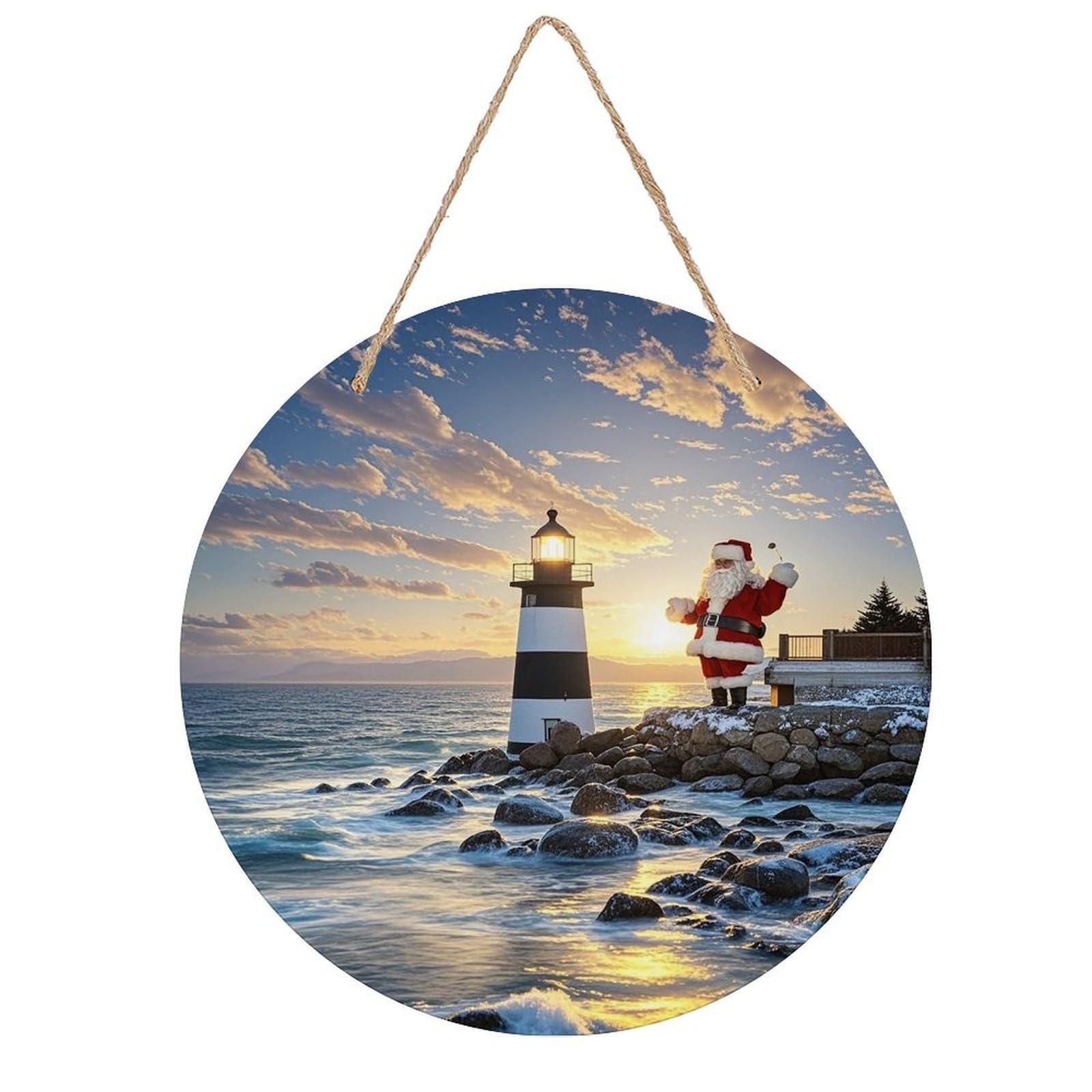 FekiLoot Round Santa Claus Lighthouse Wall Art Decor Painting Wooden Hanging Sign with Ropes Bohemian Wall Hanging Retro Mid Century Modern Wall Art for Home Bedroom Living Room 7.9x7.9 in