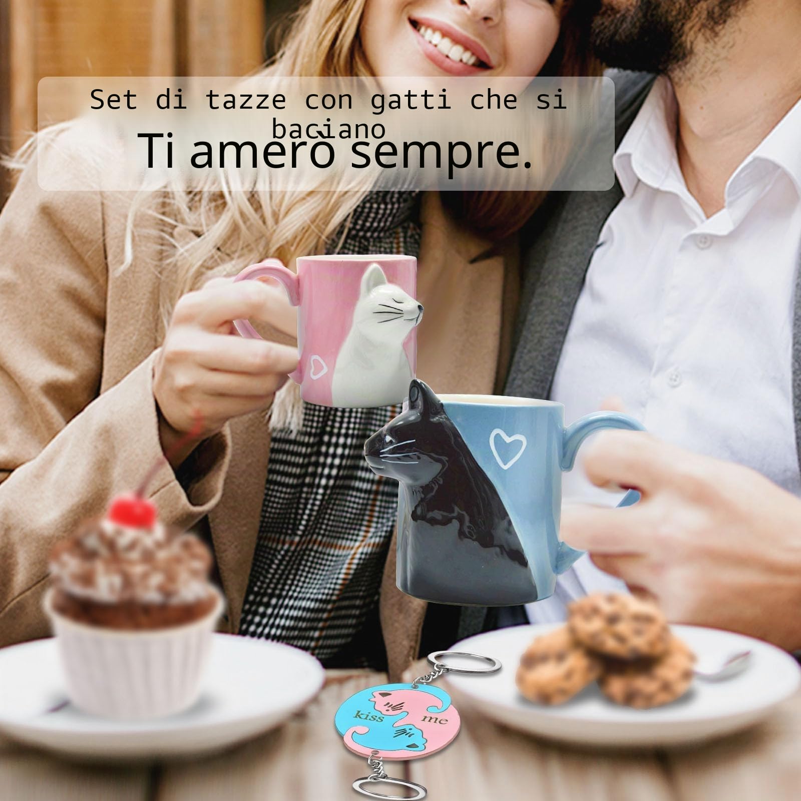 Set tazze da tè divertenti gatti regalo nozze sposi bacio anniversario