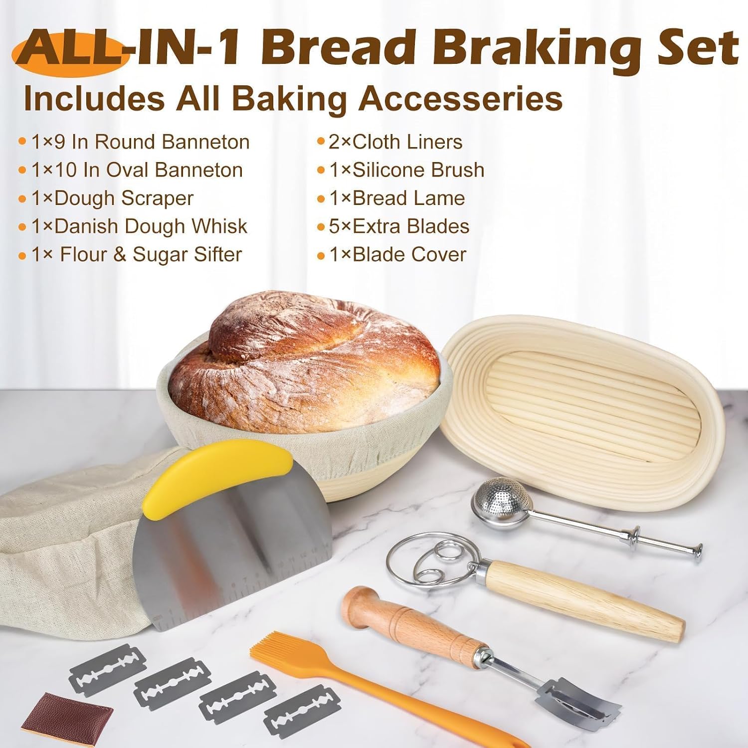 Neddie Banneton Bread Proofing Baskets Set Sourdough Bread Baking tools sourdough starter kit Bread Making Baking Fermentation with 9 Inch Round & 10 Inch Oval Woven vine Basket Gift Set