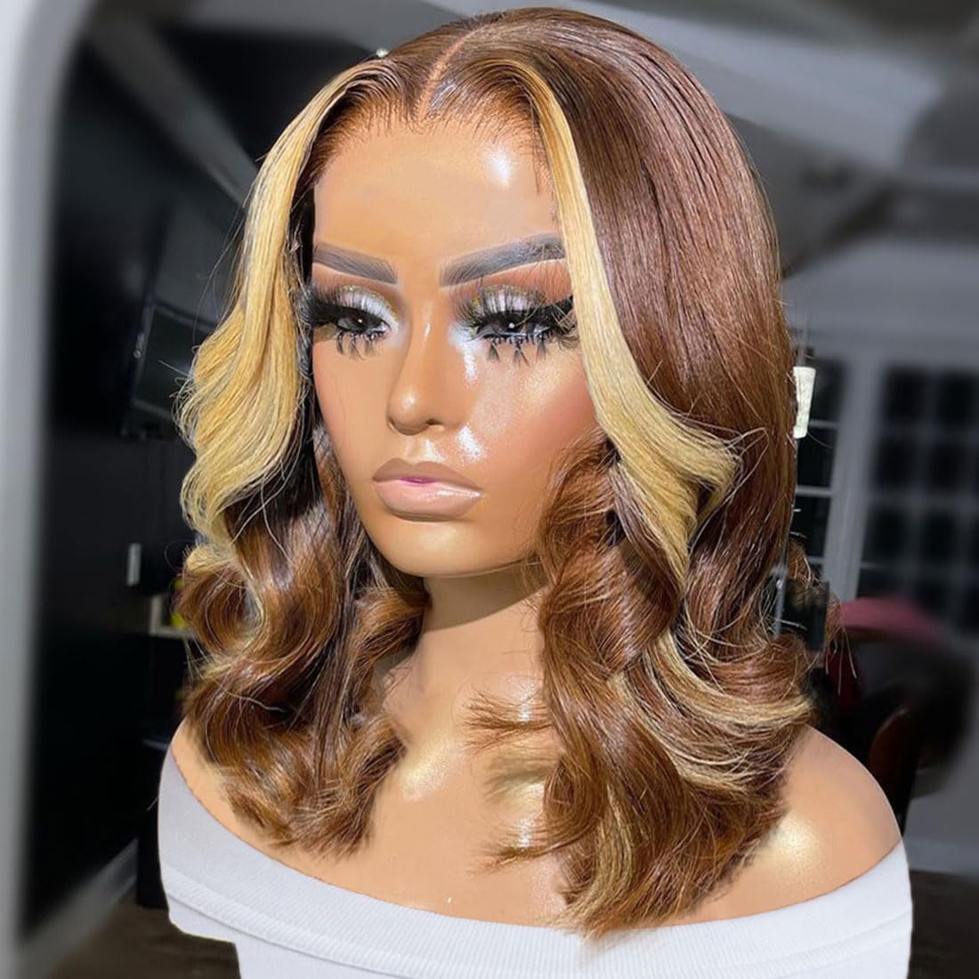 abgese Brown With Blonde Highlight Bob Body Wave Lace Front Wigs Human Hair 13x4 HD 180% Density Glueless Wig Human Hair Pre Plucked with Baby Hair