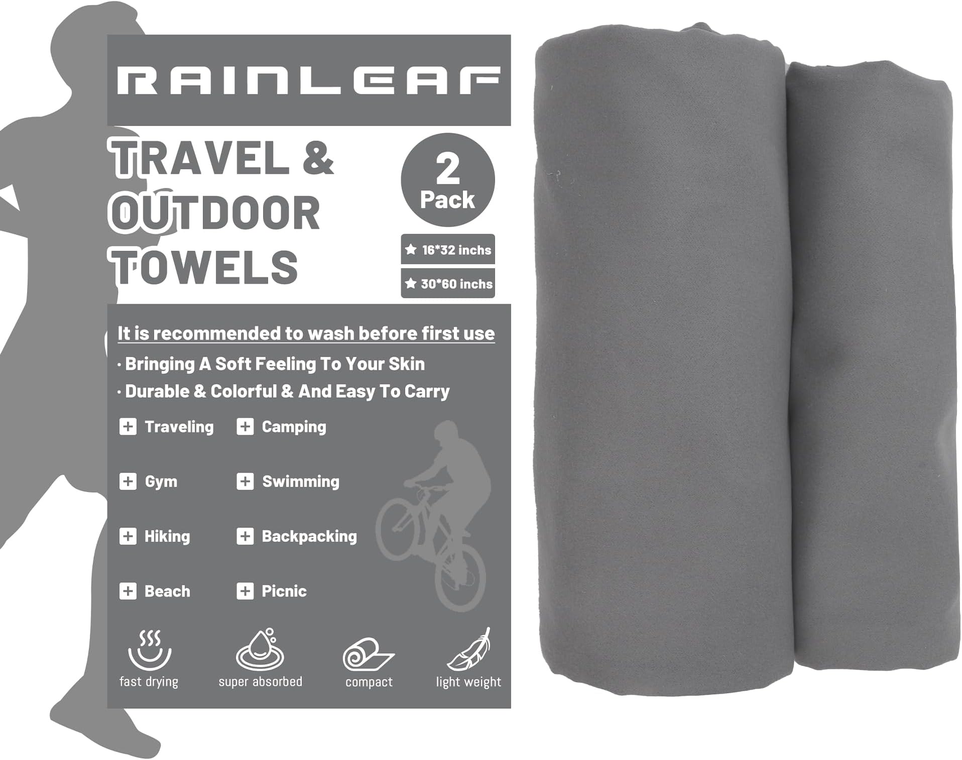 Rainleaf 2 Pack Microfiber Quick Dry Travel Towel, Super Absorbent Ultra Compact Lightweight Camping Towel for Gym, Hiking, Pool, Yoga - Gray