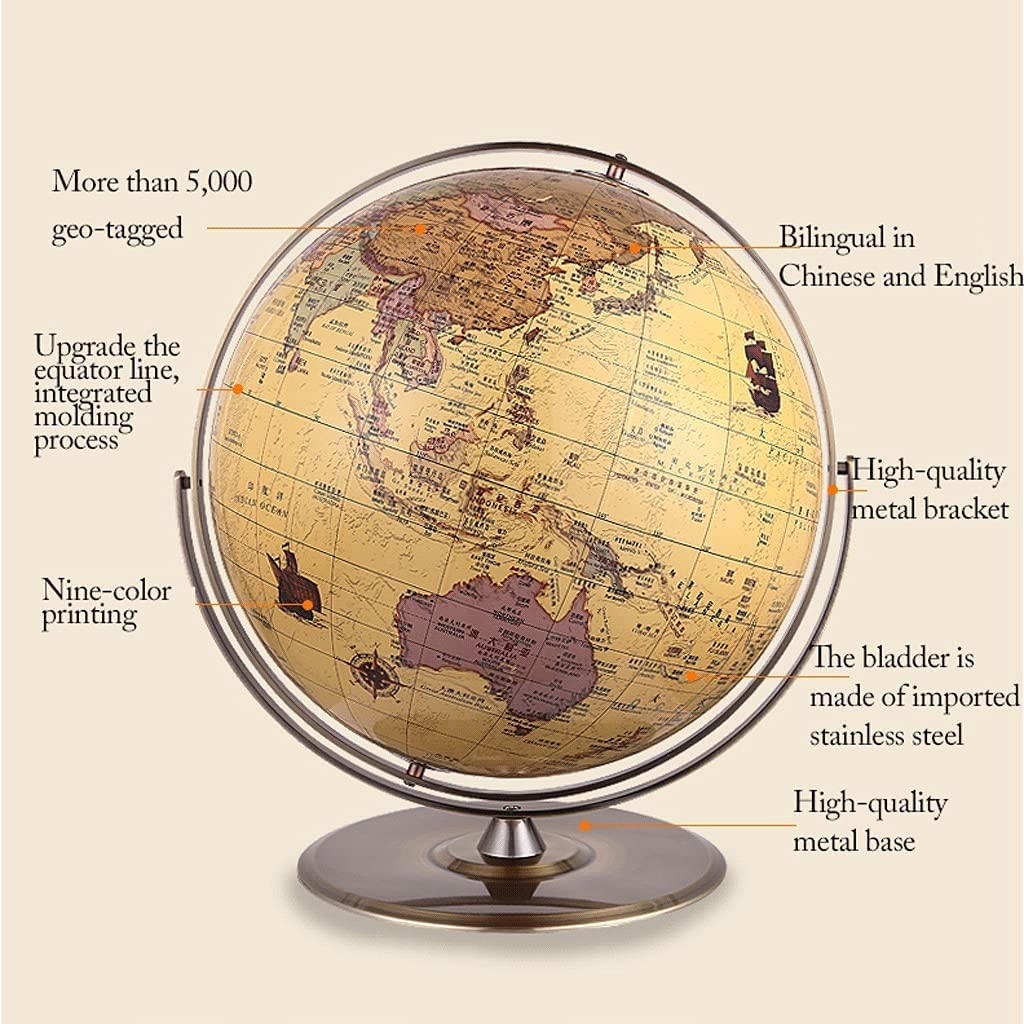 OLOTU Educativa Globo Grande mappamondo Vintage con Sfera in Acciaio Inossidabile e Base Moderna mappamondo Antico del Mondo per la Scuola, la casa e L'Ufficio Girevole Mappamondo