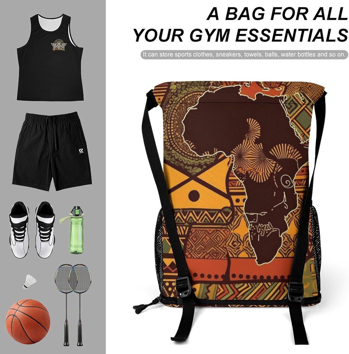 Small Gym Bag African Map Ethnic Pattern Printed Drawstring Gym Bag for Men Lightweight Waterproof Drawstring Backpack for Women with Shoe Compartment for Travel Tourism Work And Fitness